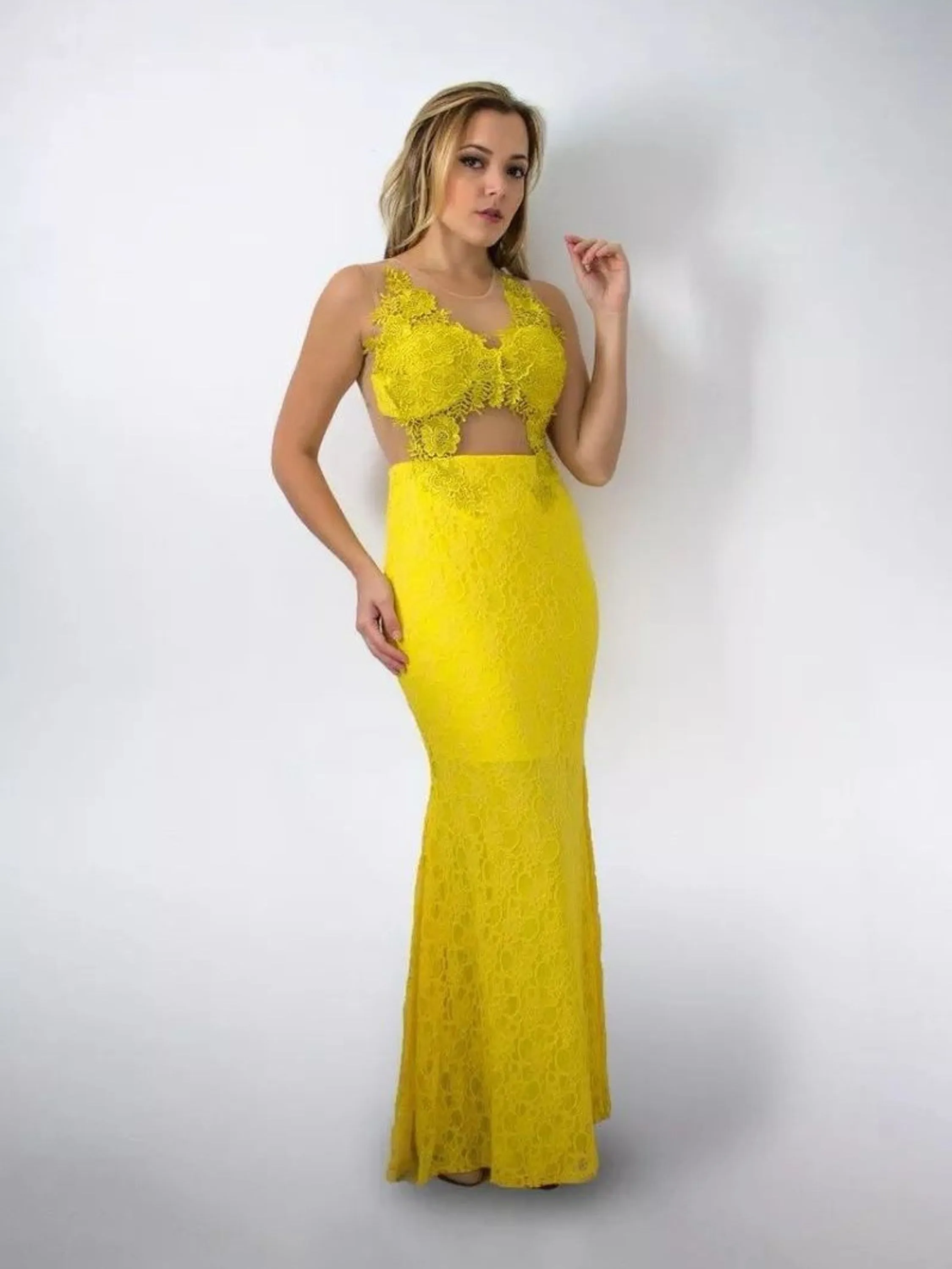 VESTIDO LONGO DE RENDA FESTA CASAMENTO FORMATURA MADRINHA AMARELO