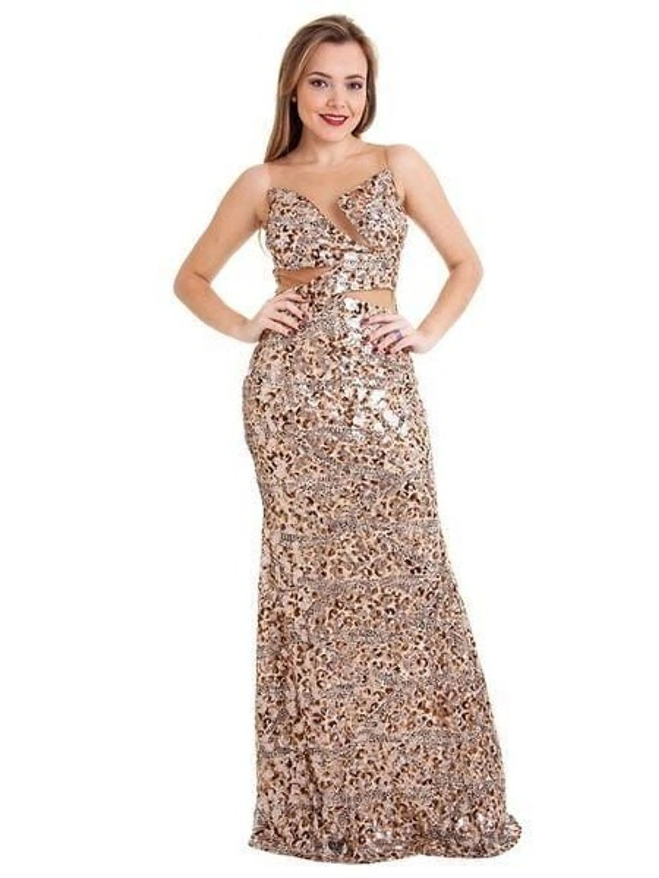 VESTIDO DE FESTA LONGO ANIMAL PRINT ELEGANTE DOURADO