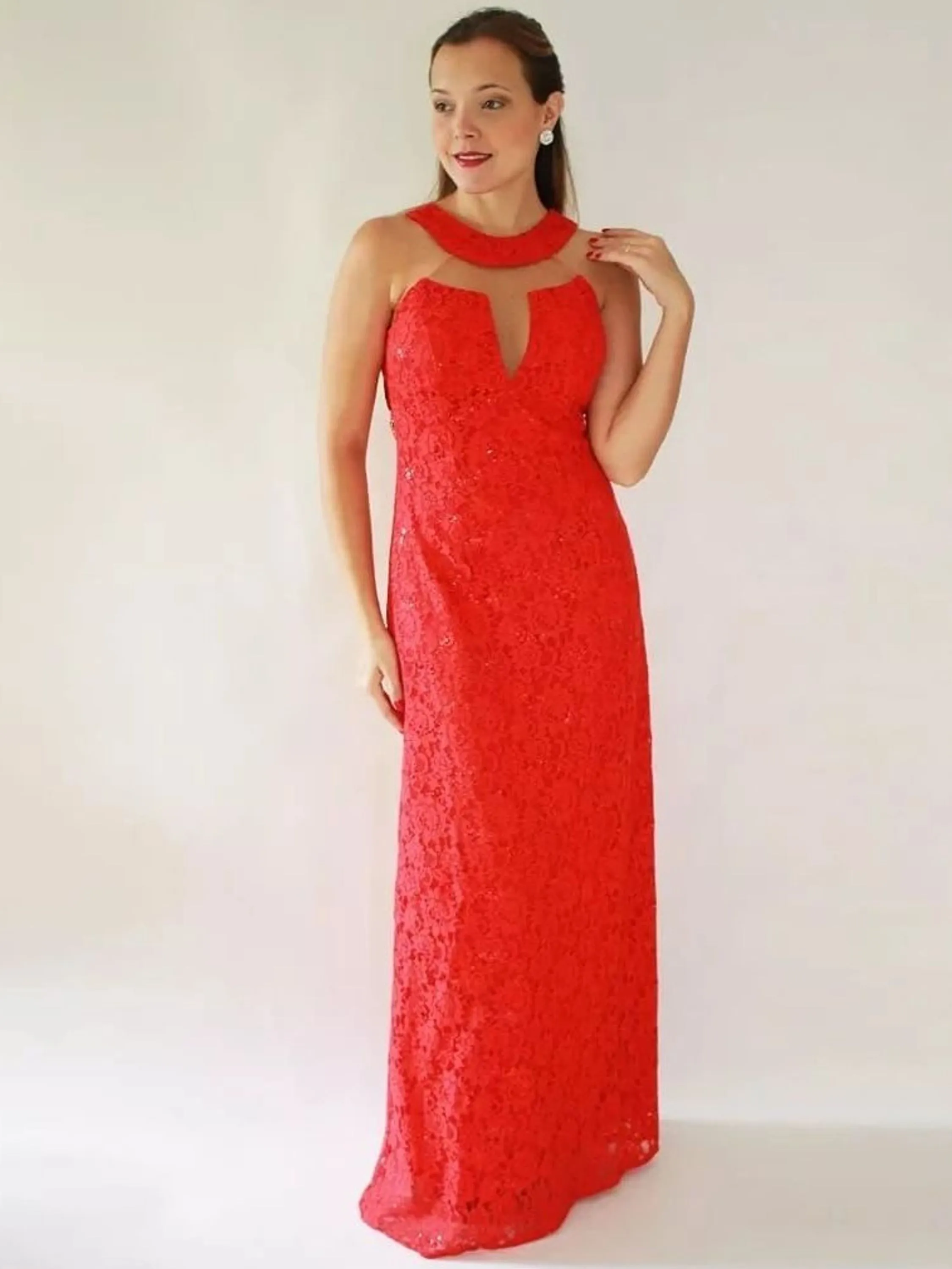 VESTIDO LONGO DE FESTA RENDA COM LANTEJOULAS VERMELHO