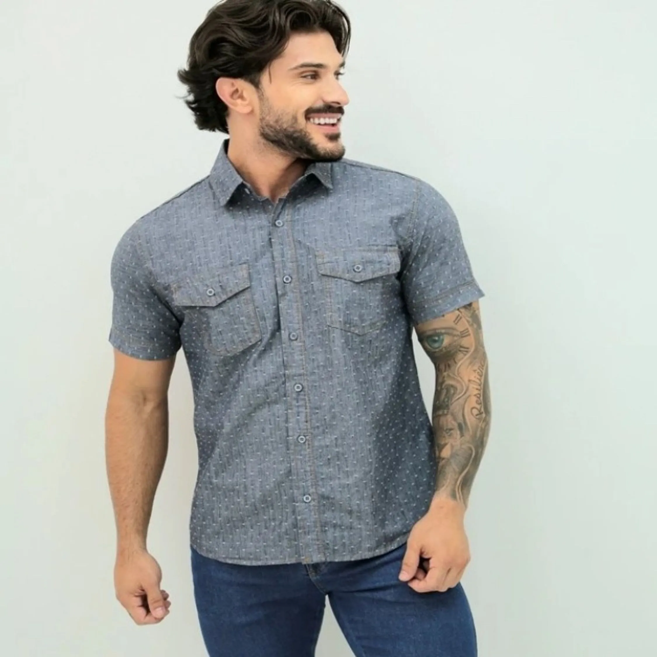 Camisão jeans estampada