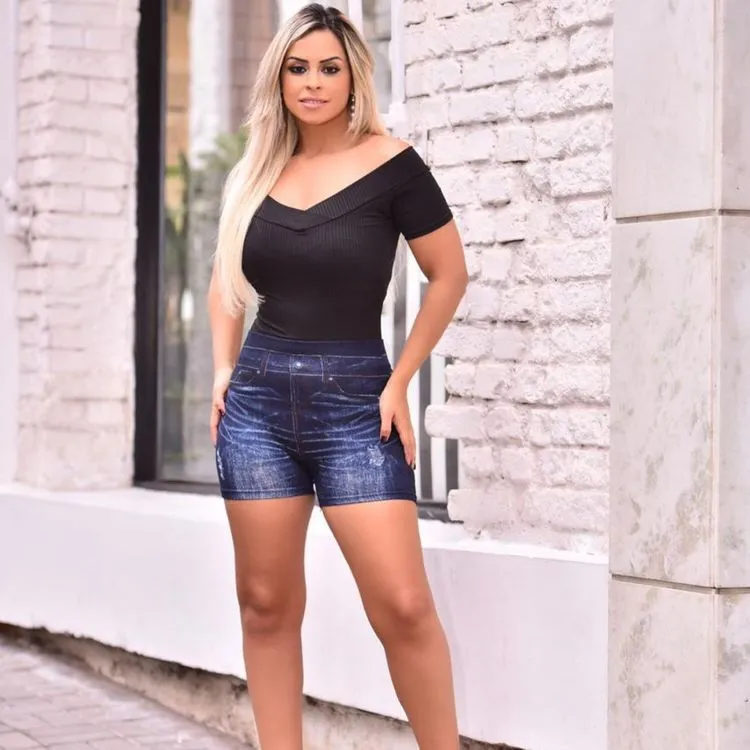 Short legging feminino imita jeans confortável Aurora Store