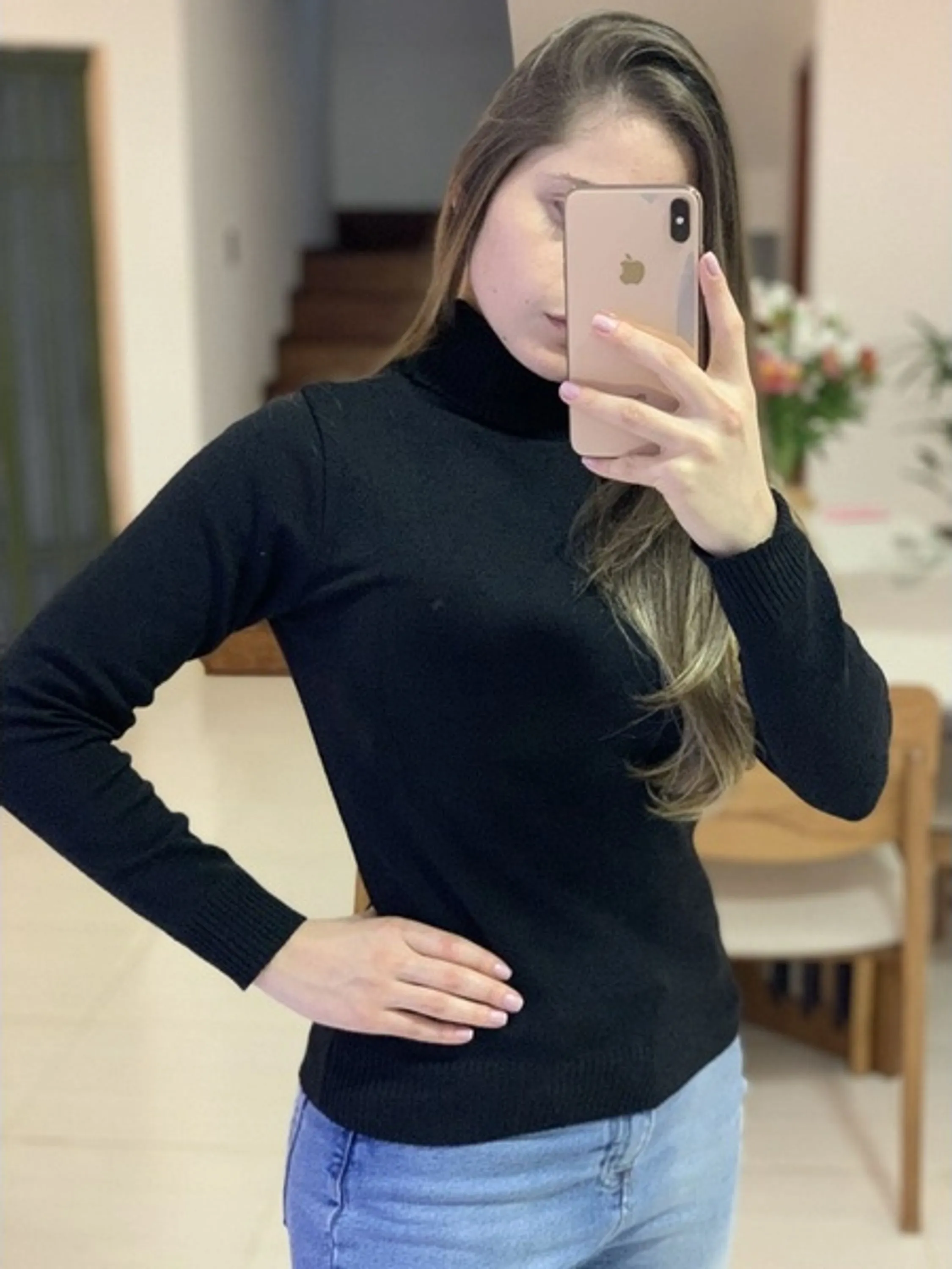 Blusa Feminina Tricot Manga Longa Decote Gola Alta De Frio Liso Trico