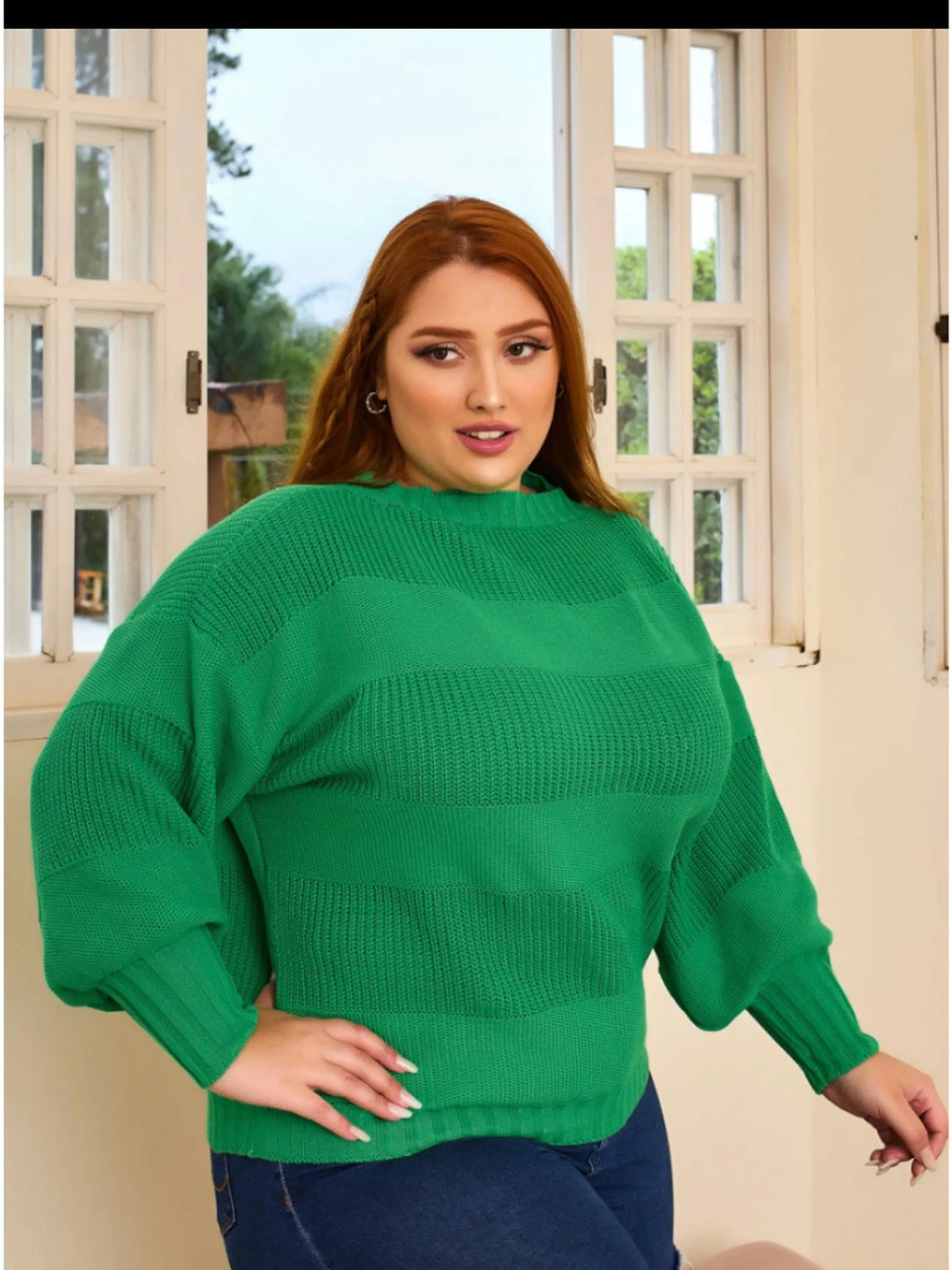 Blusa de Frio Grosso Modelo Grande Plus Size Trico Manga Bufante Outono Inverno Novo 2024