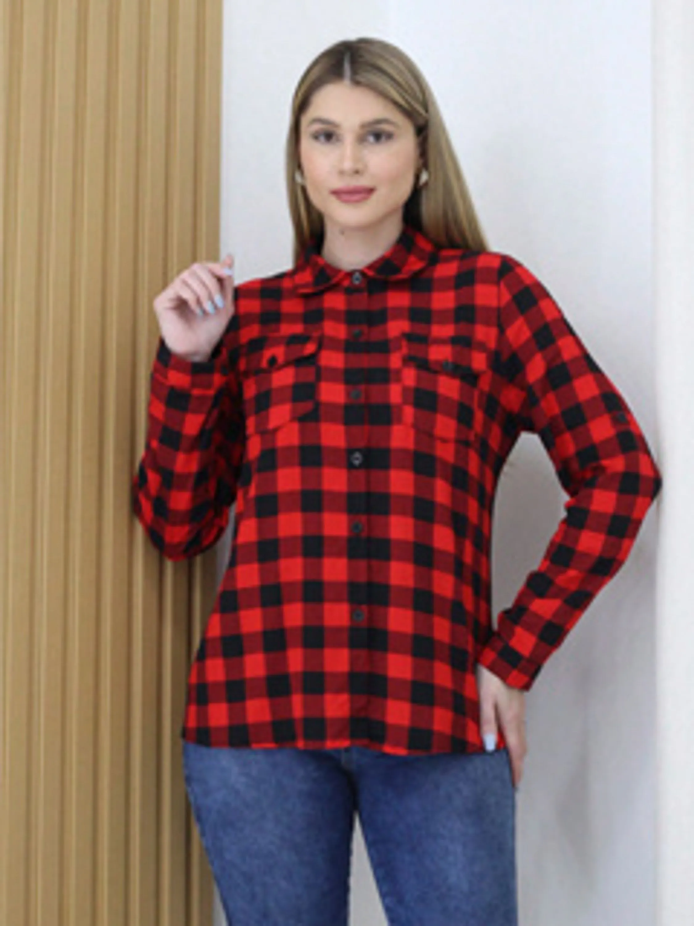 Camisa de xadrez de viscose com bolso e botões