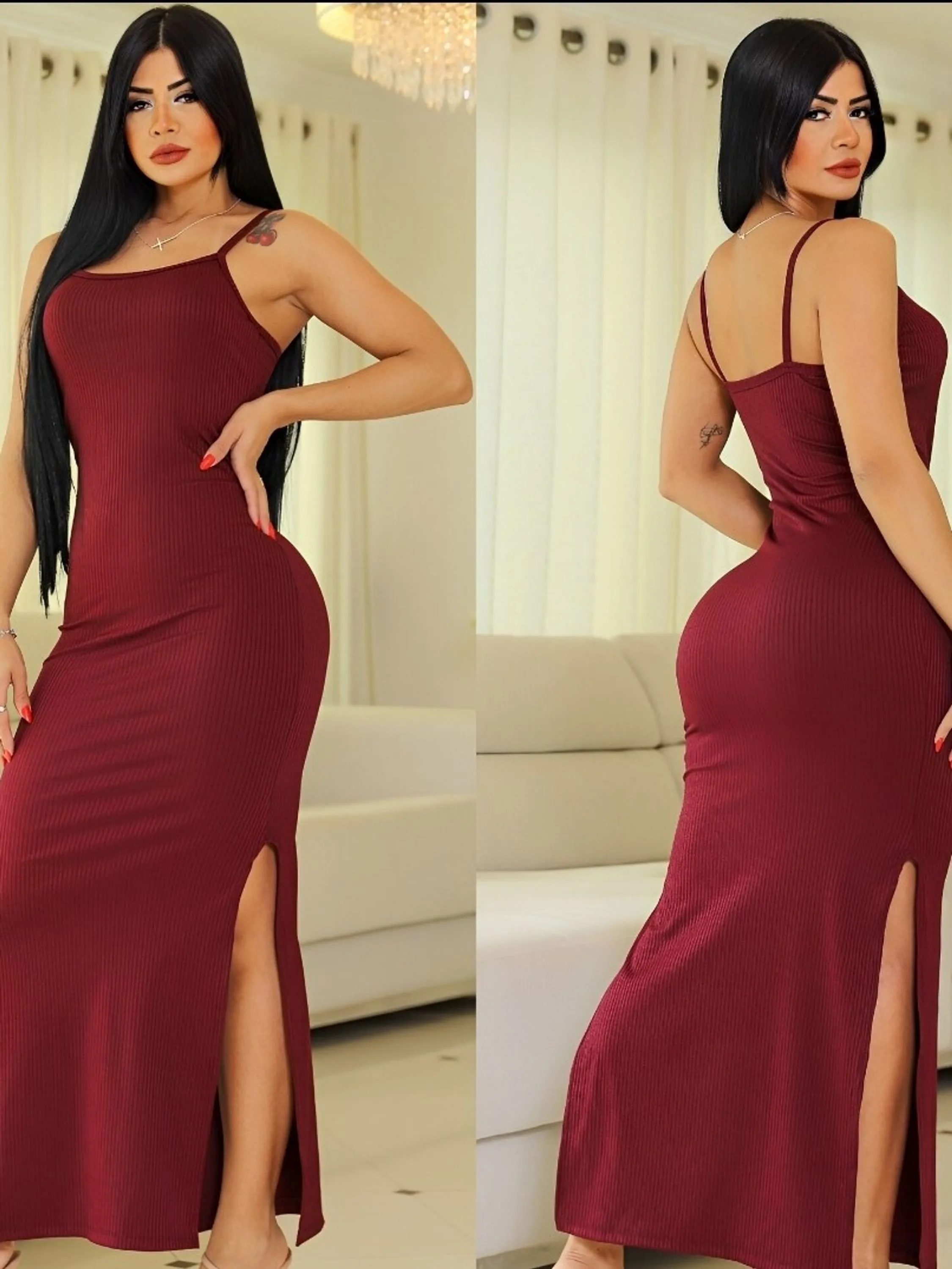 Vestido longo de alcinha liso canelado premium