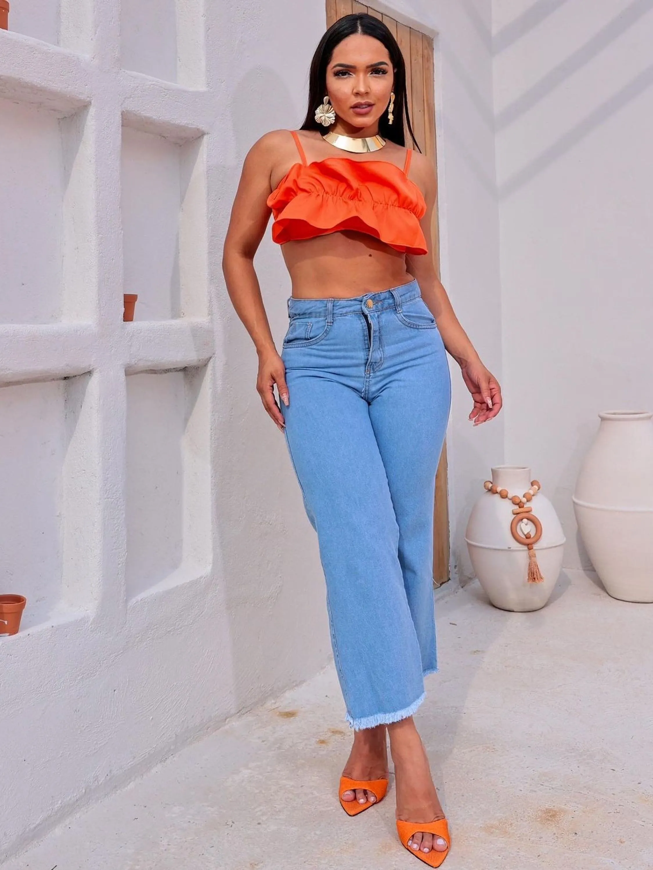 Calça Wide Leg Pantacourt Jeans