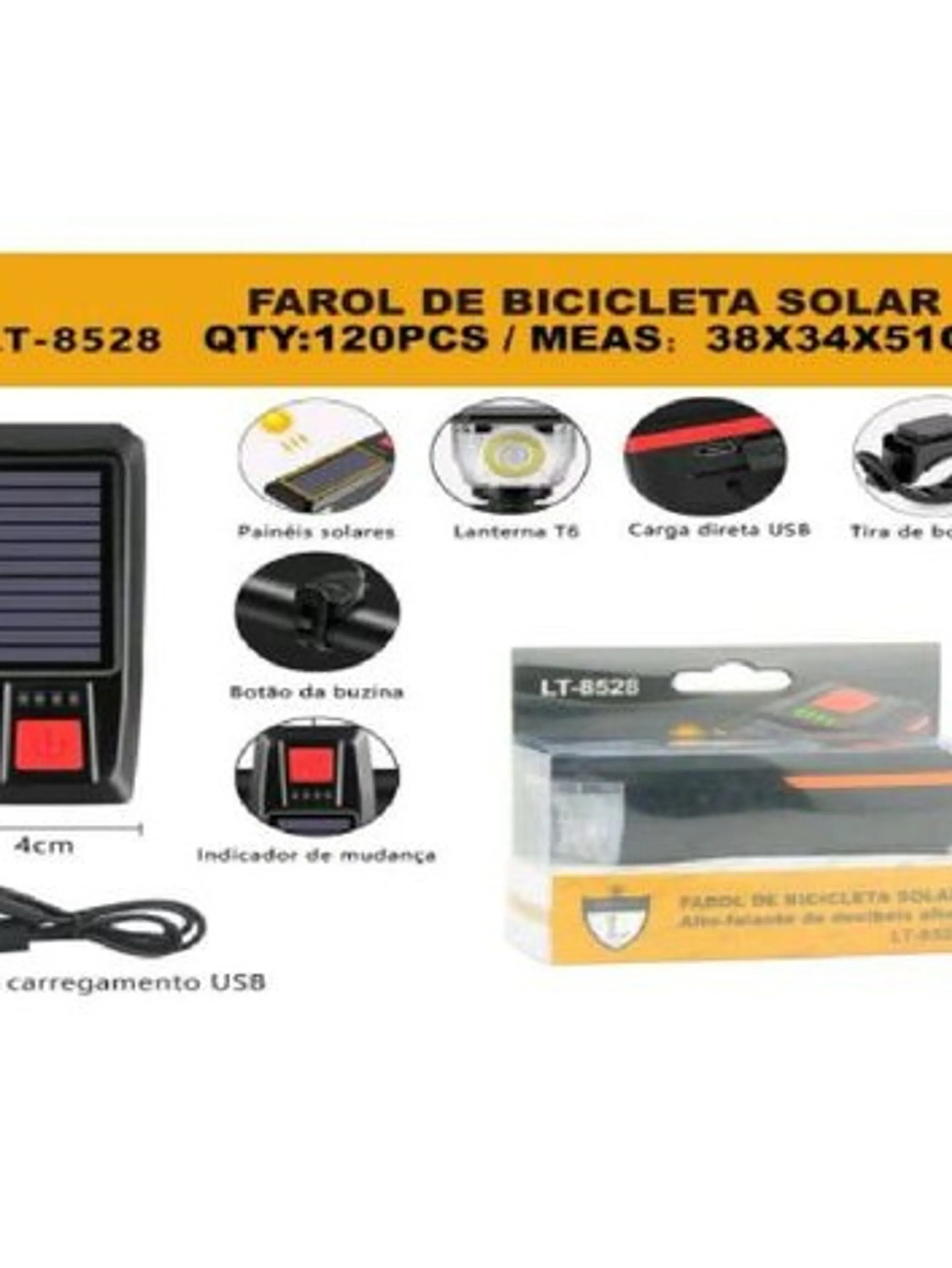 LANTERNA DE BIKE COM BUZINA LT-8528 SOLAR E RECARREGAVEL