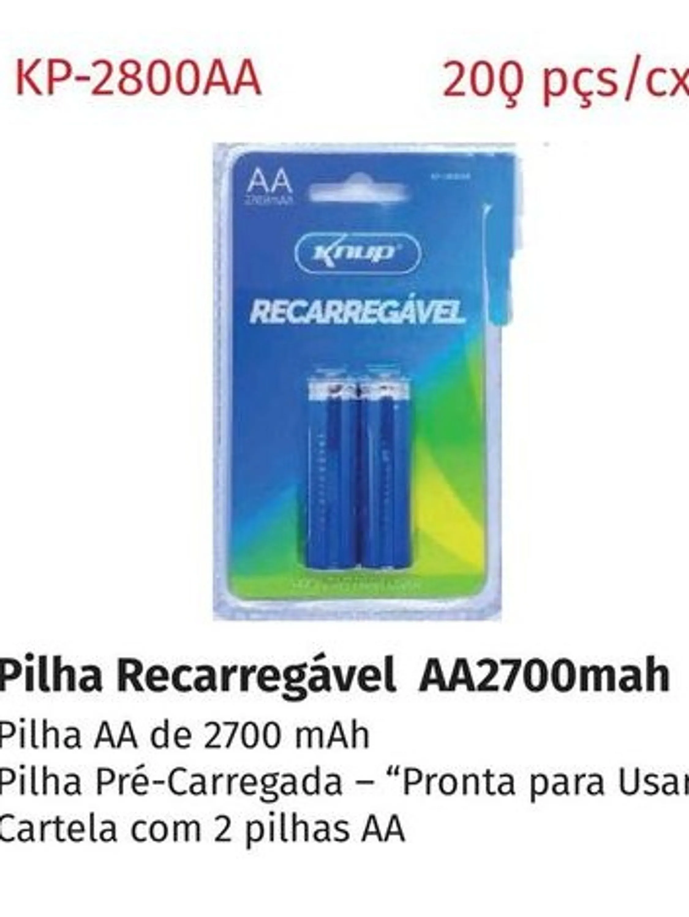 Kit de pilhas recarregável AA 2700mah knup ( 2 pilhas)