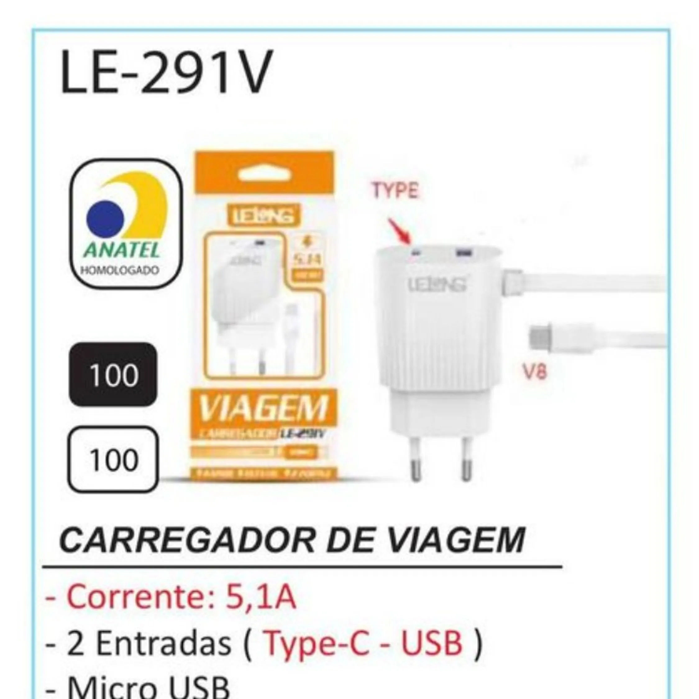 CARREGADOR V8 LELONG LE-291V TURBO 5.1A ( USB +USB TYPE-C)