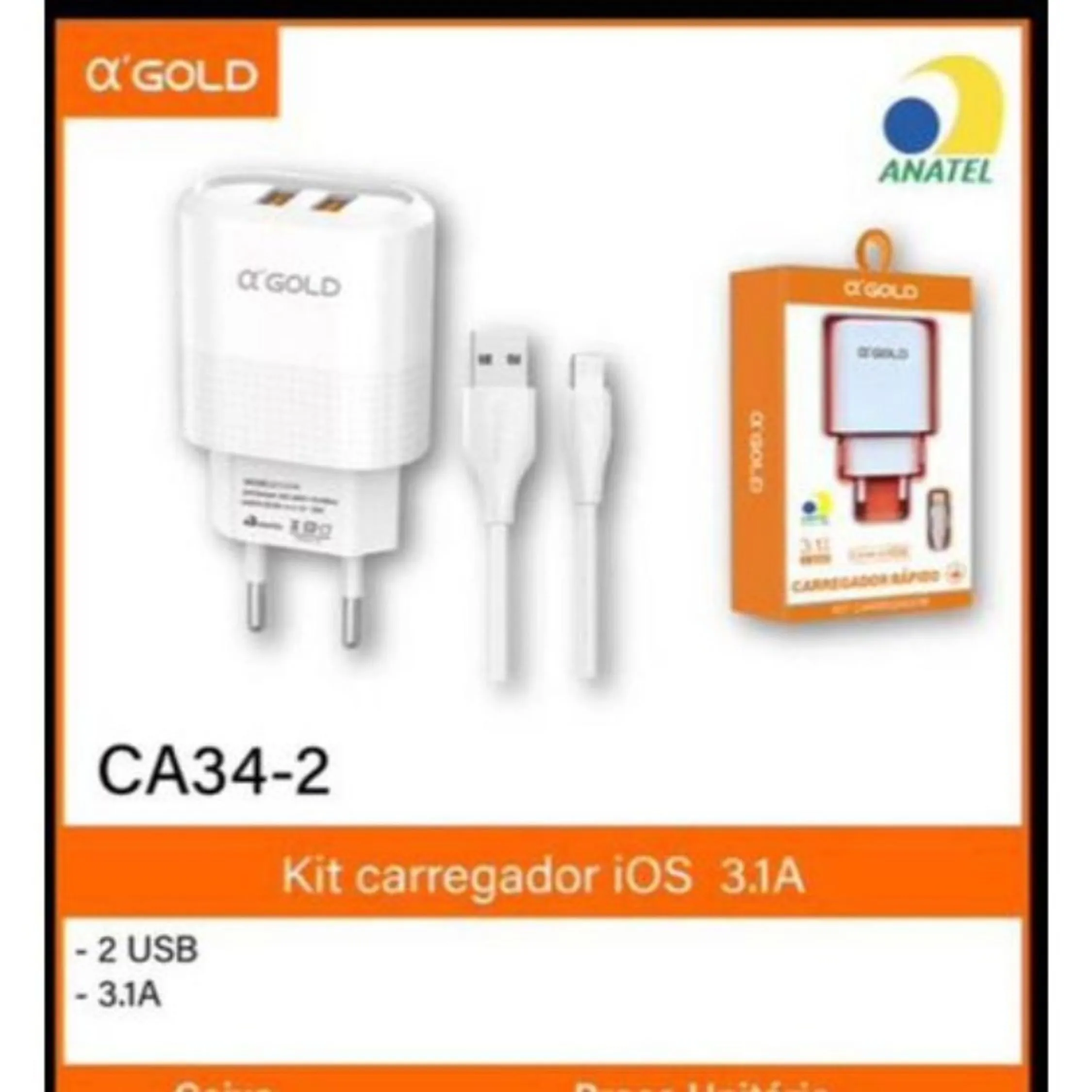 CARREGADOR USB COM CABO IPHONE 3.1A GOLD CA34-2 ( 2USB) TURBO