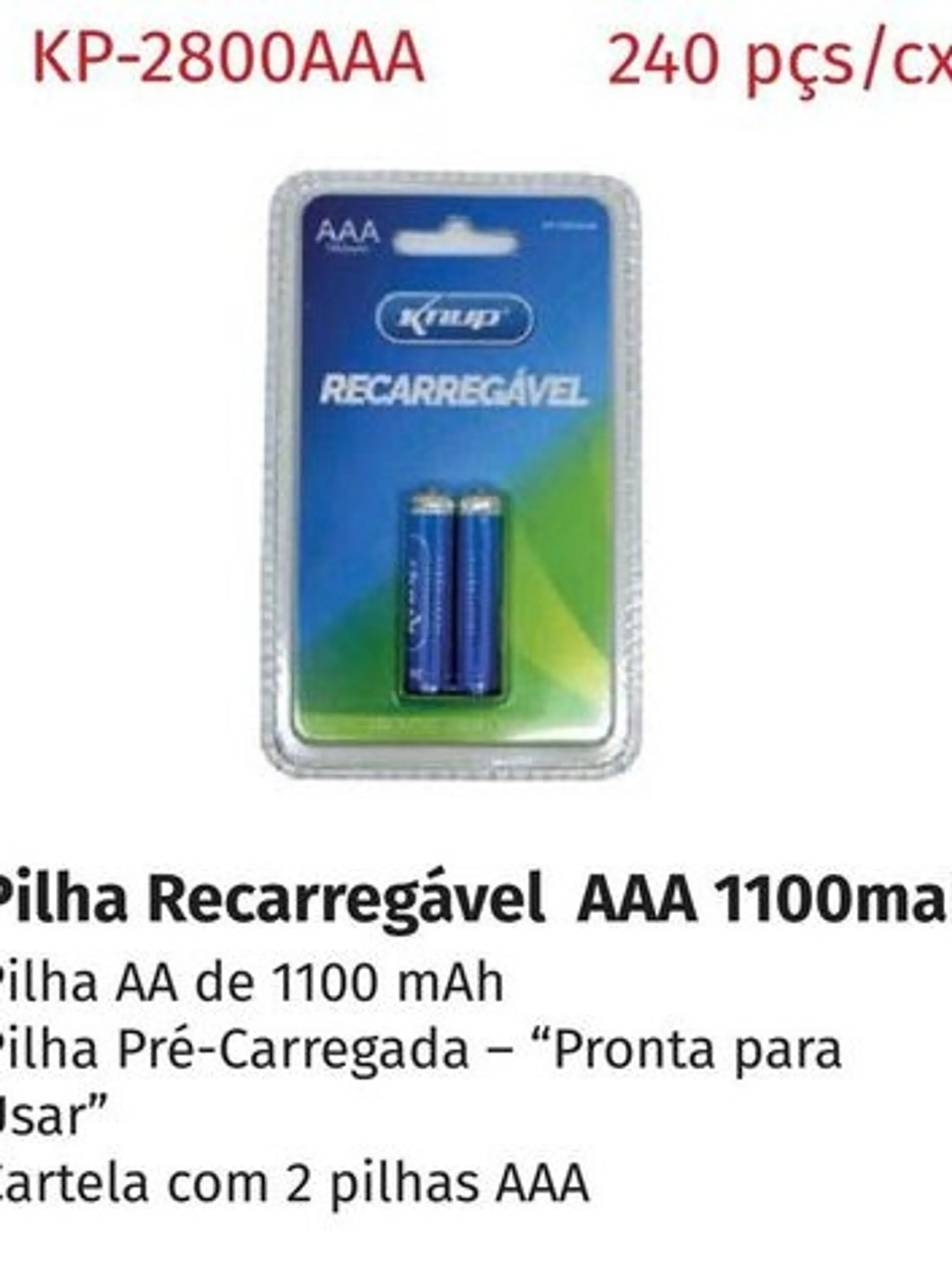 Kit de pilhas recarregável AAA 1100mah knup ( 2 pilhas)