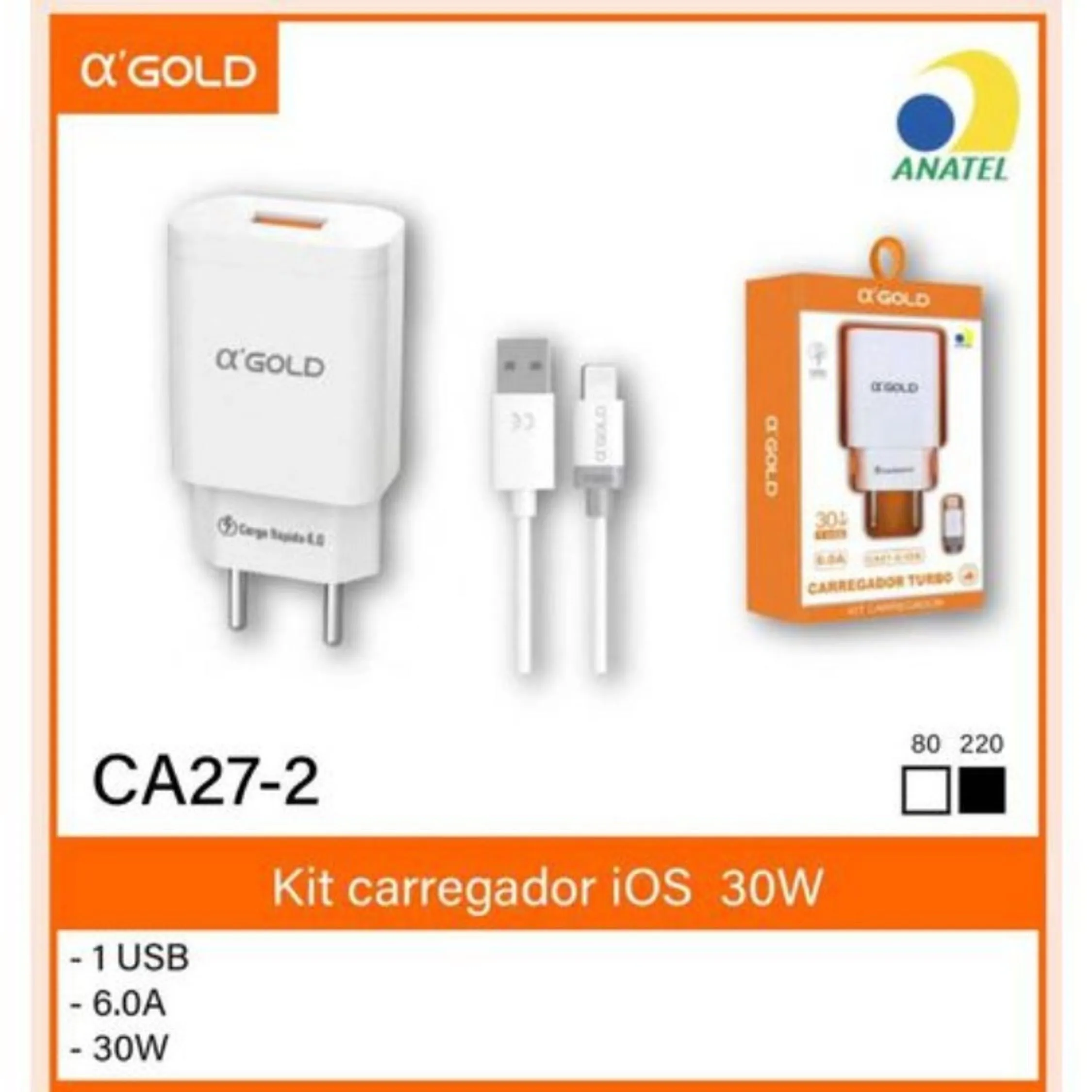 CARREGADOR USB COM CABO USB iPhone A GOLD CA27-2 ( 30w USB) TURBO 6.0 A