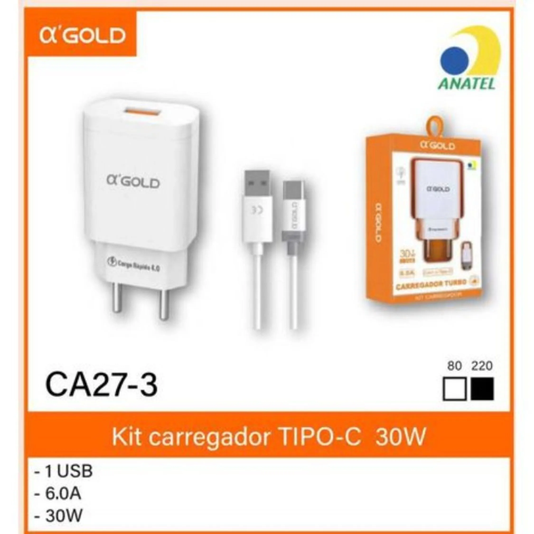 CARREGADOR USB COM CABO TYPE C 3.1A GOLD CA27-3 ( 30w USB) TURBO ,6.0 A