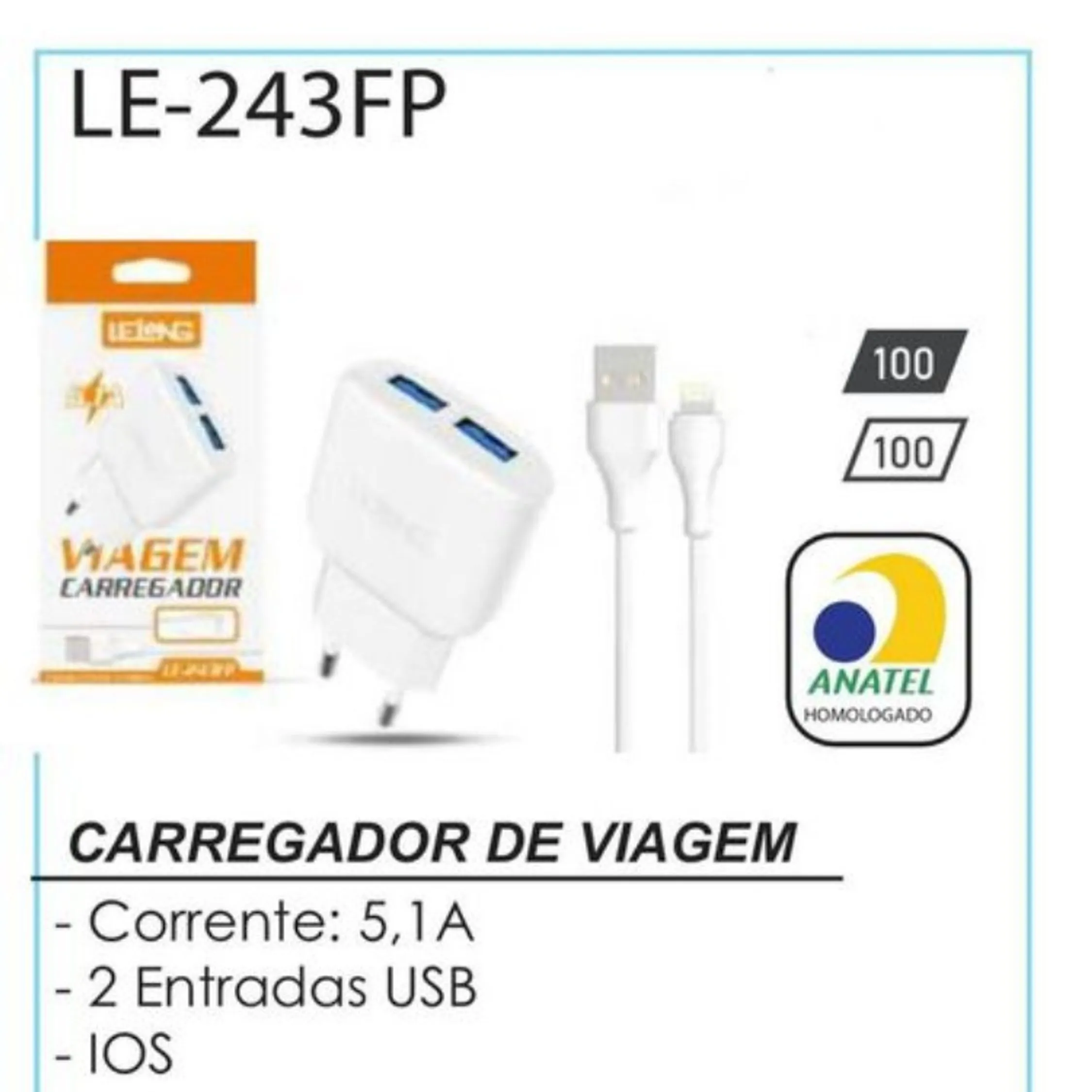 CARREGADOR USB IPHONE LELONG LE-243FP TURBO 5.1A ( 2USB)