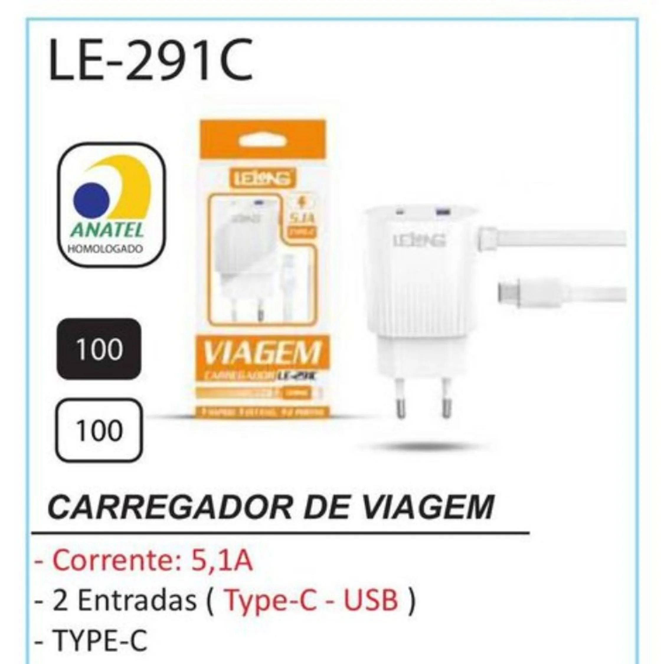 Carregador type-c LELONG LE-291C TURBO 5.1A (USB+USB TYPE-C)