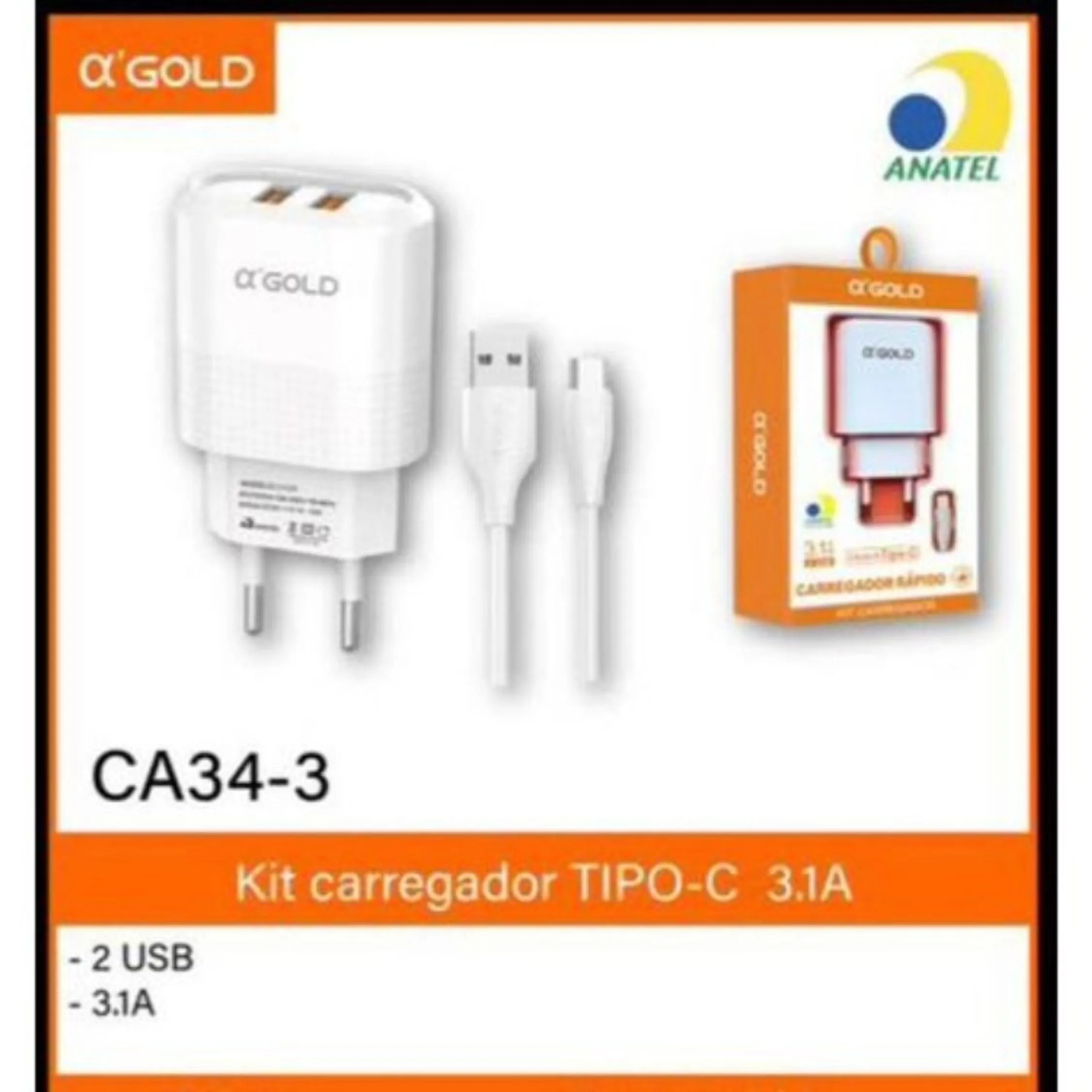 CARREGADOR USB COM CABO TYPE C 3.1A GOLD CA34-3 ( 2USB) TURBO