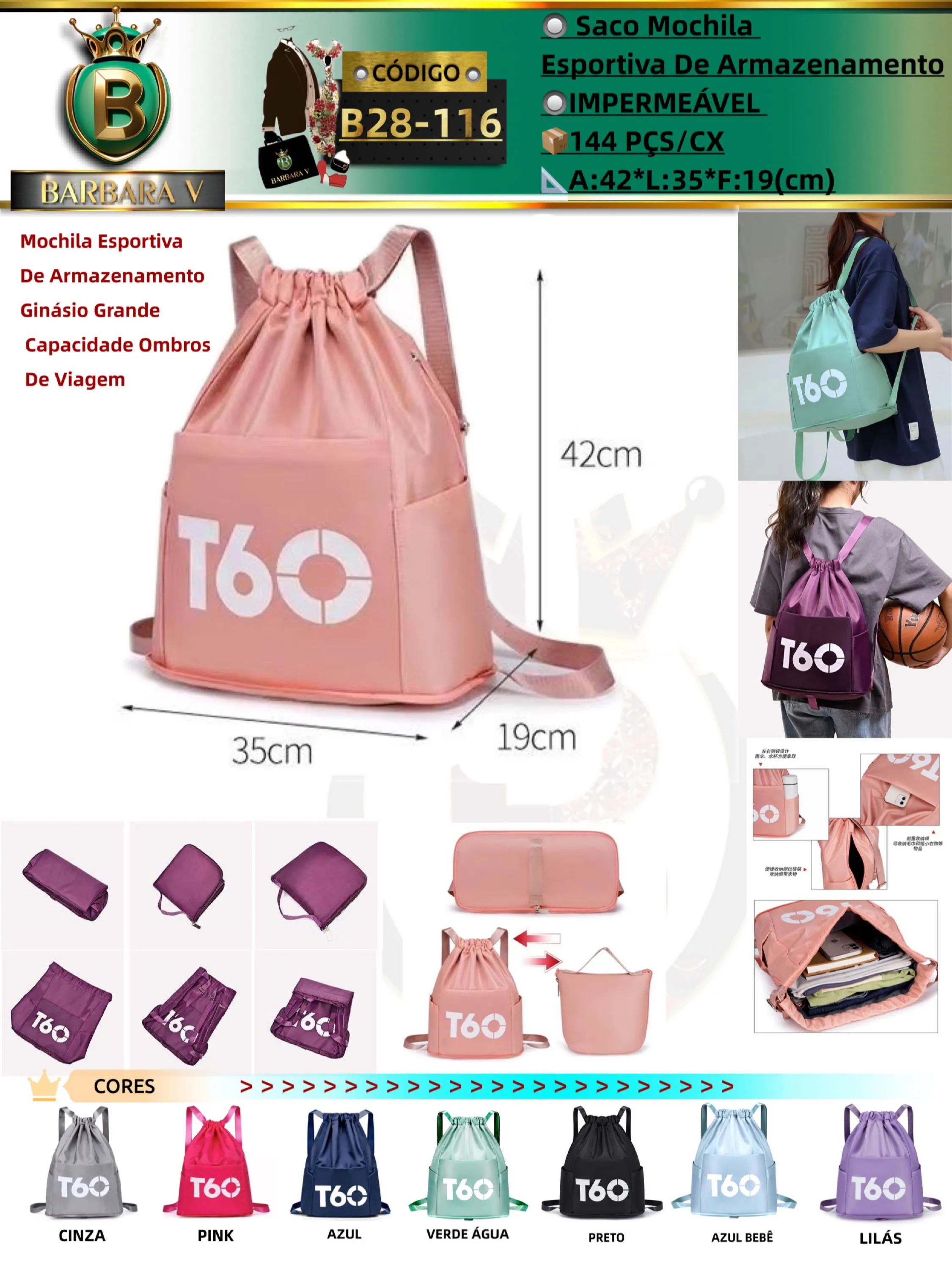 BARBARA V BOLSAS/Saco T60 Mochila Esportiva De Armazenamento Ginásio Grande Capacidade Ombros De Viagem (B28-116)