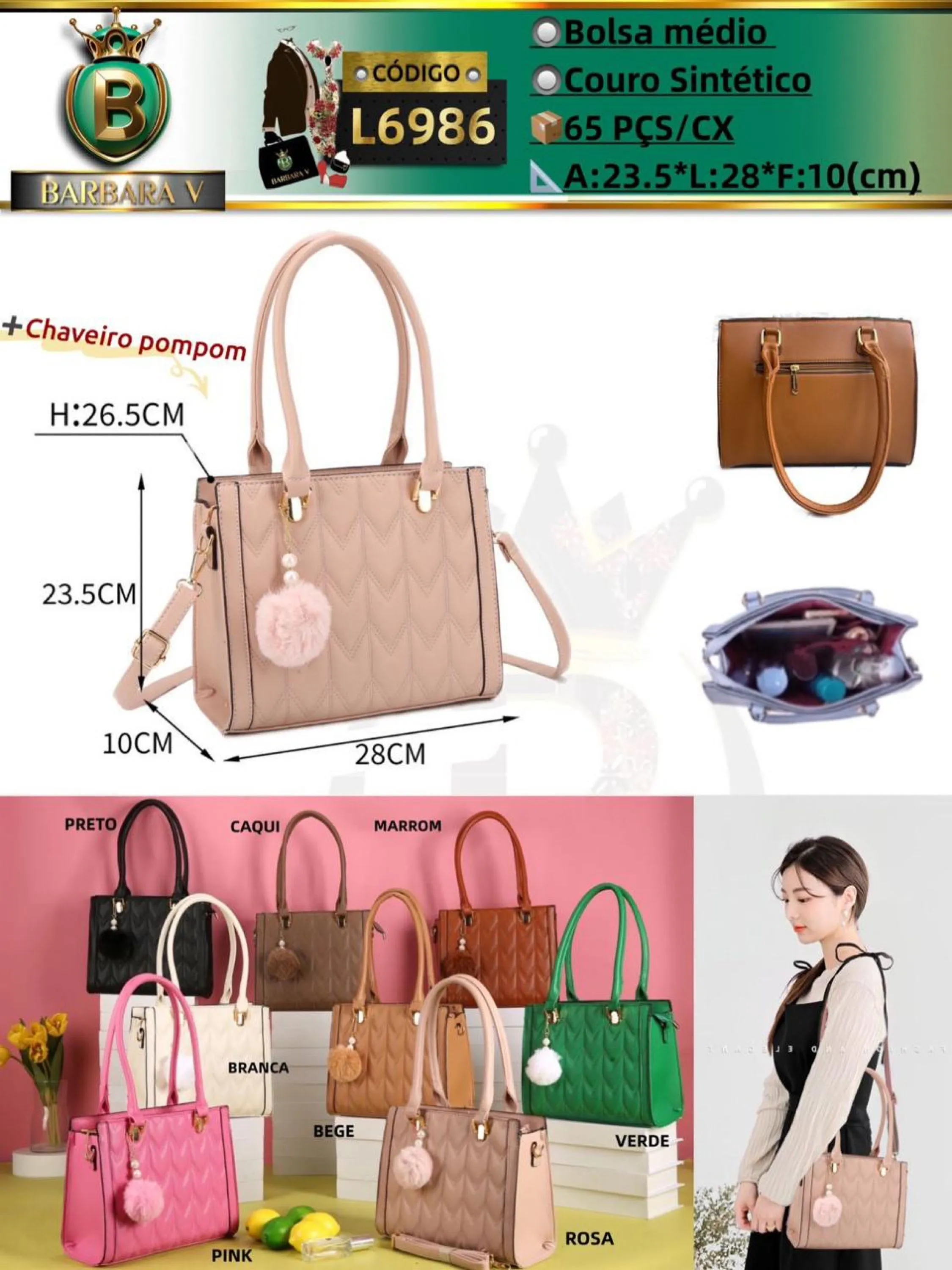 BARBARA V BOLSAS/bolsa médio feminina vem chaveiro pompom(L6986)