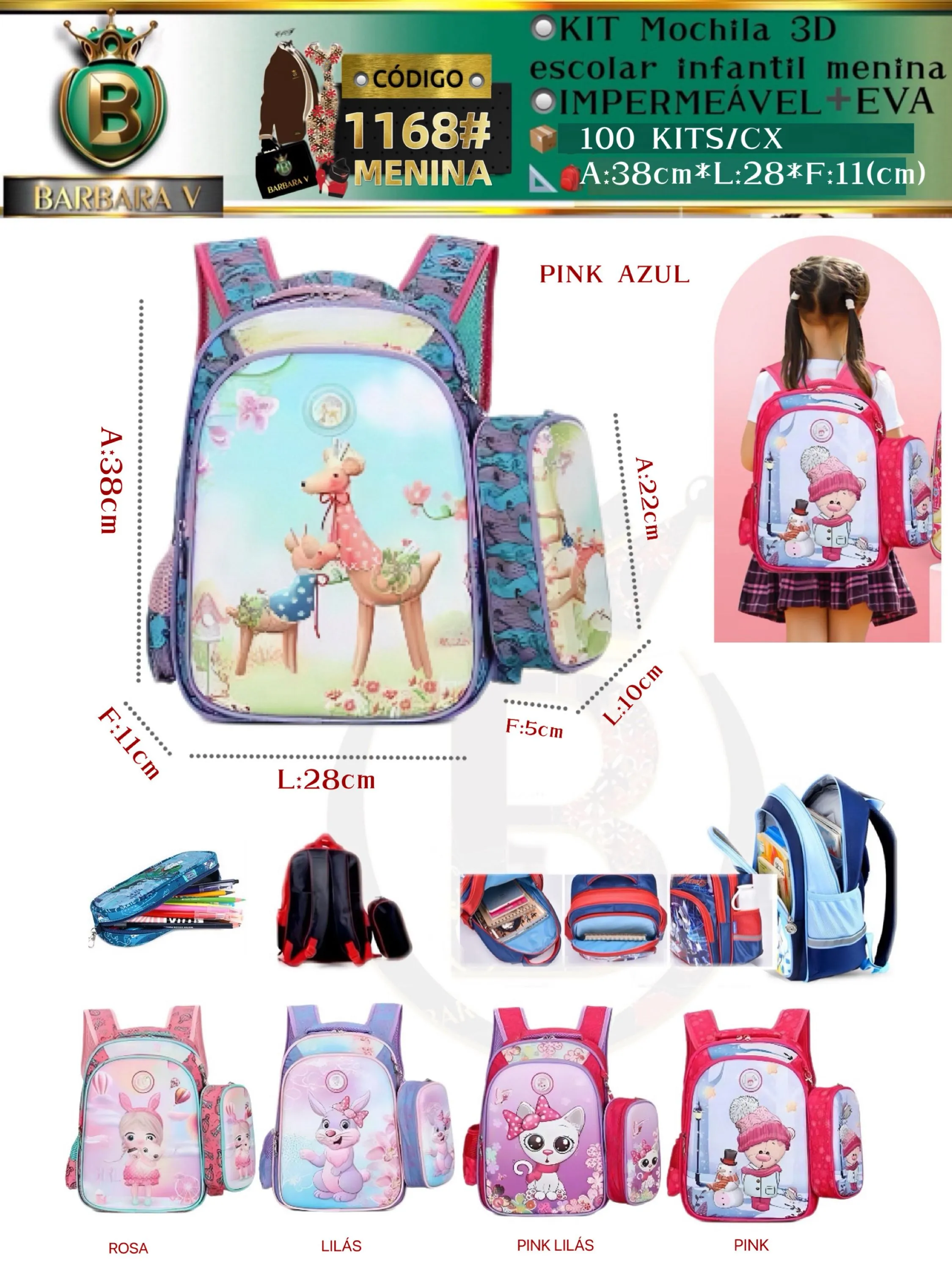 BARBARA V BOLSAS/Kit mochila e estojo 3d de escolar infantil/menina(1168)