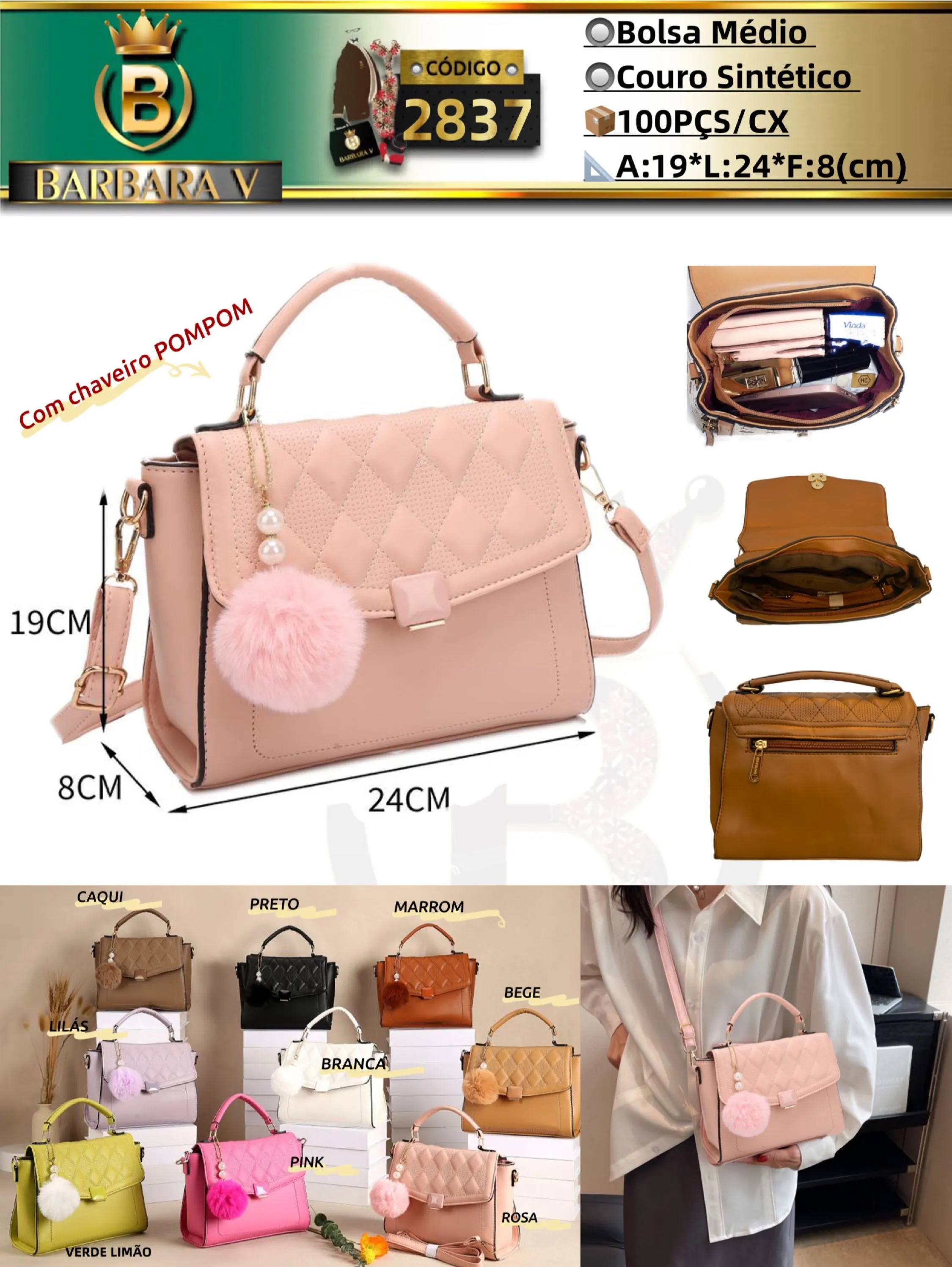 BARBARA V BOLSAS/bolsa médio feminina com chaveiro pompom(2837)