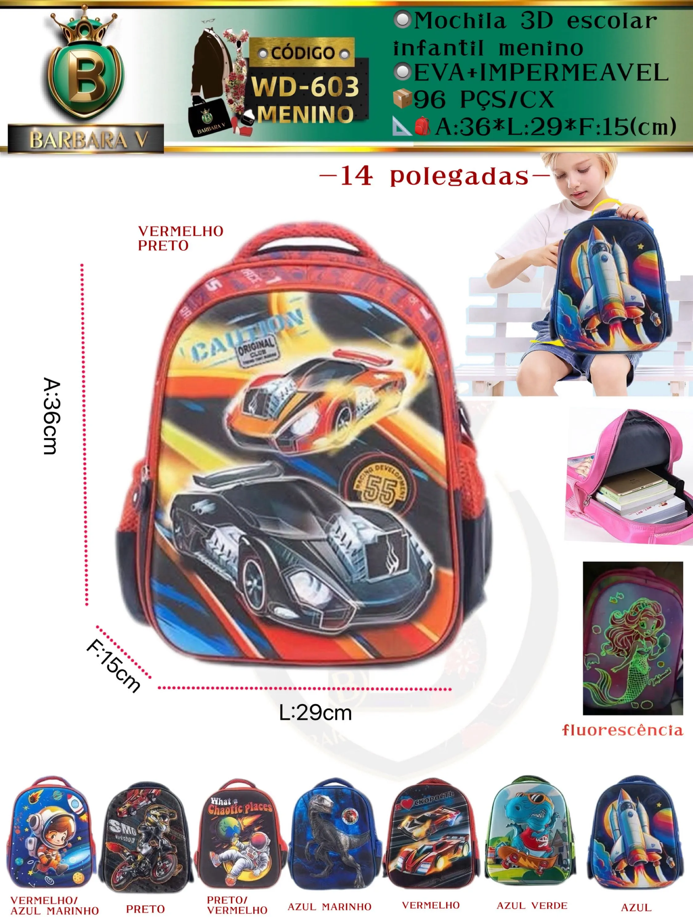 BARBARA V BOLSAS/Mochila 3D escolar infantil menino 14 polegadas (WD-603)