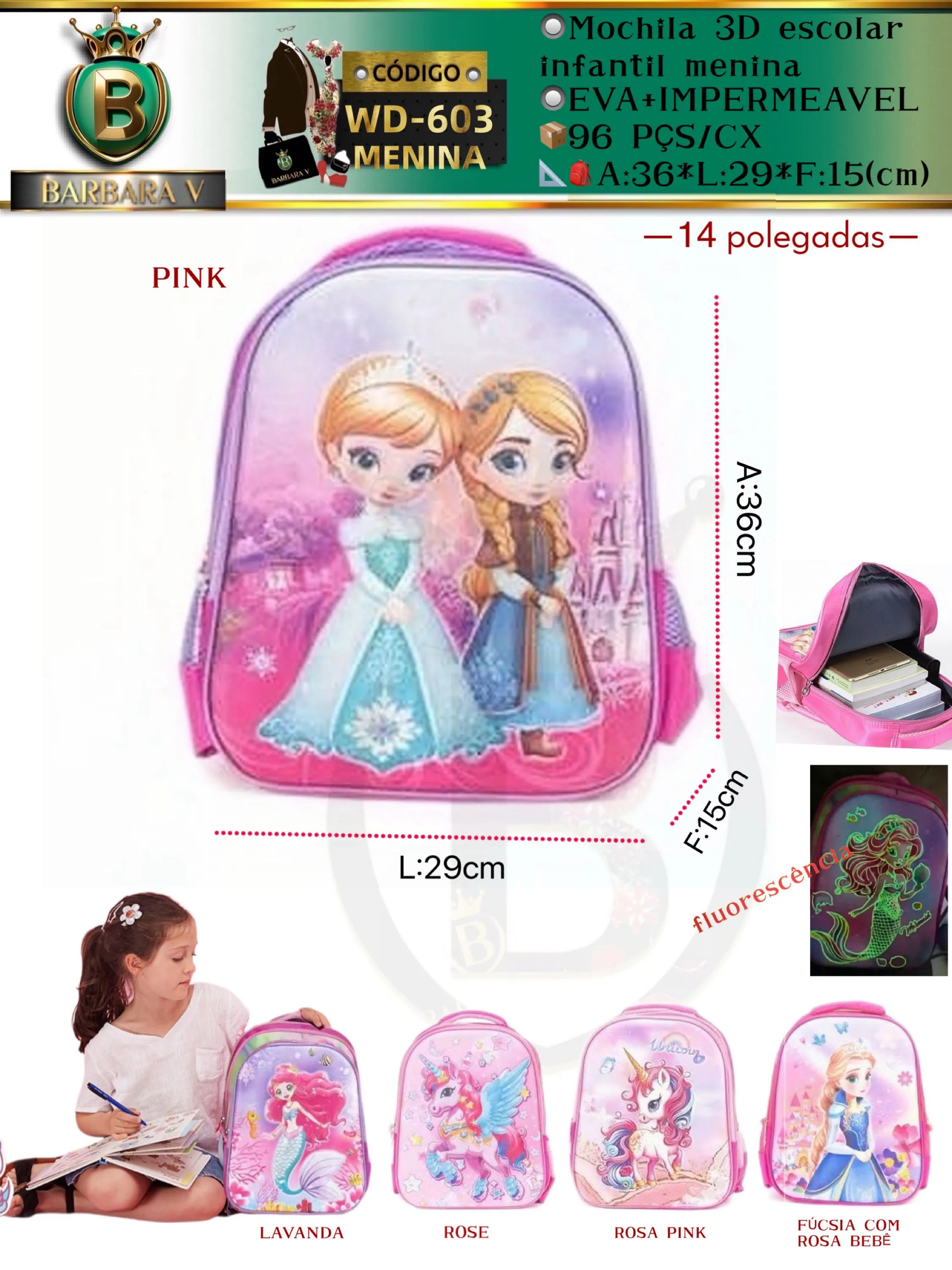 BARBARA V BOLSAS/Mochila 3D escolar infantil menina 14 polegadas (WD-603)