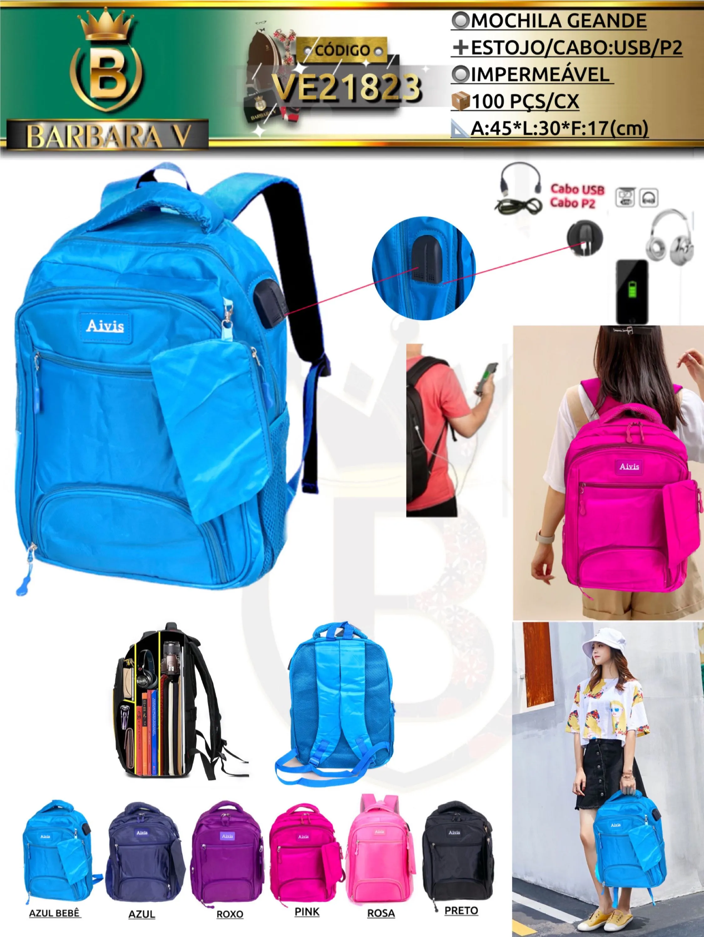 BARBARA V BOLSAS/Mochila com estojo/cabo USB e P2(VE21823)