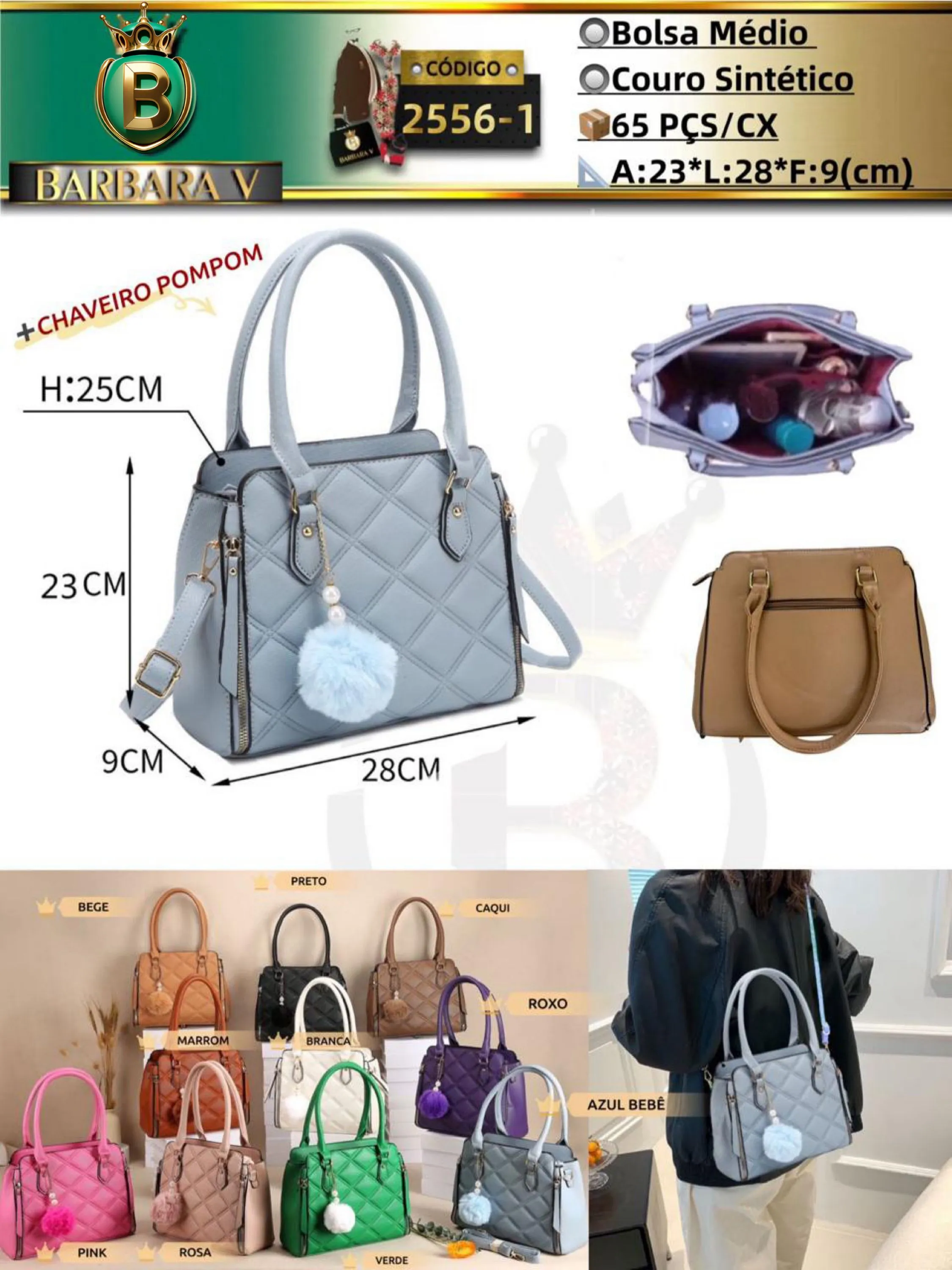 BARBARA V BOLSAS/bolsa médio feminina com chaveiro pompom (2556-1)