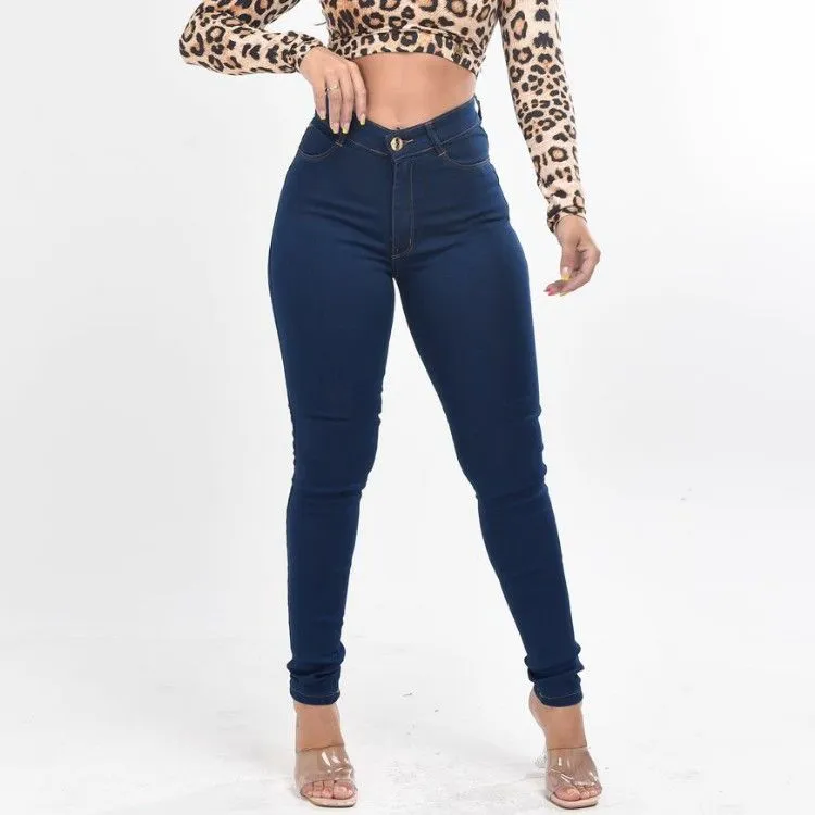 Kit 5 Calças Jeans Feminina Escura Lisa, com Lycra, cintura alta, Atacado