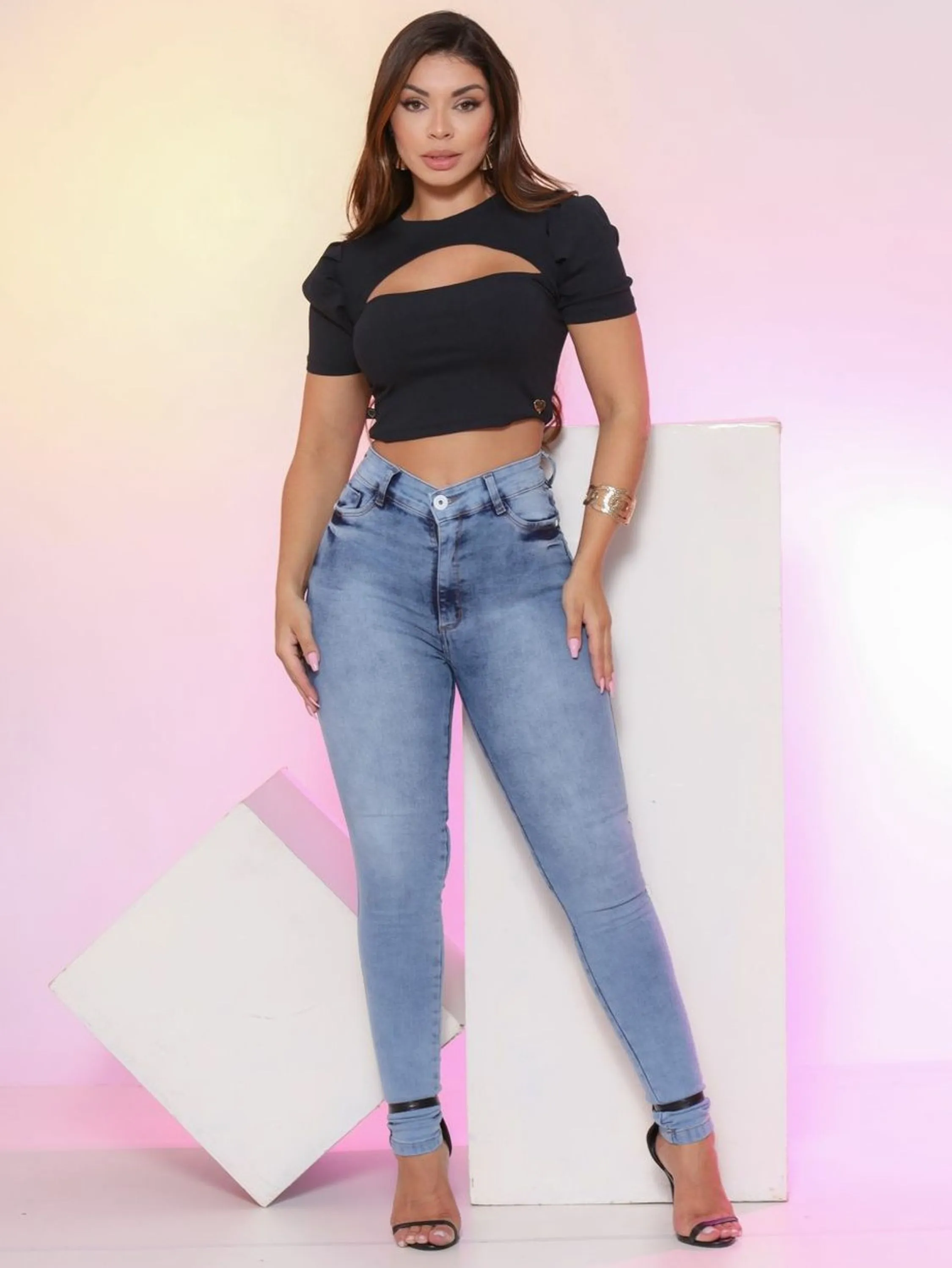 Calça Jeans Feminina Clara, Lisa, com Elastano/Lycra, Cintura Alta, Atacado