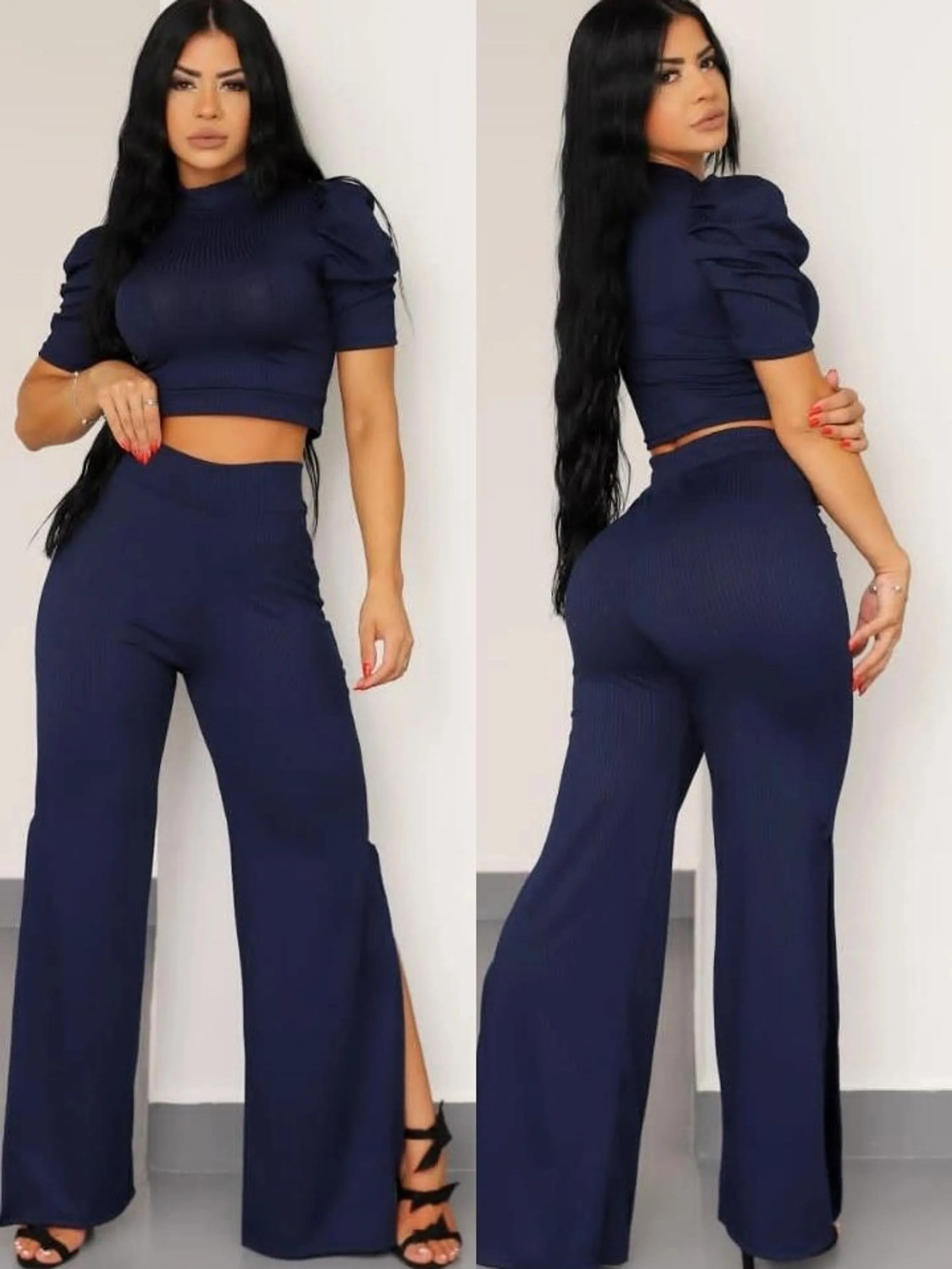 Conjunto manga princesa e calça pantalona com fenda