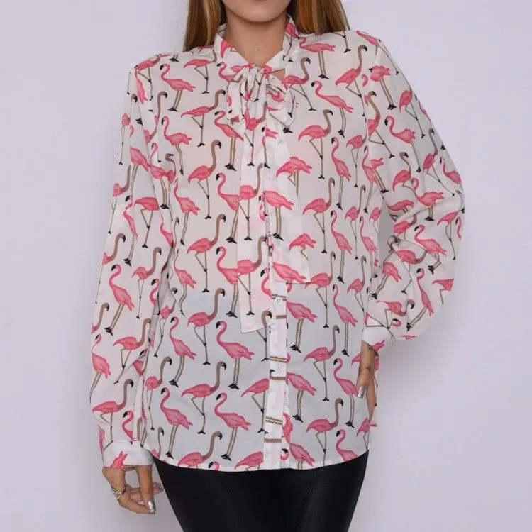 Camiseta Feminina Crepe Estampada Flamingo Com Manga Comprida