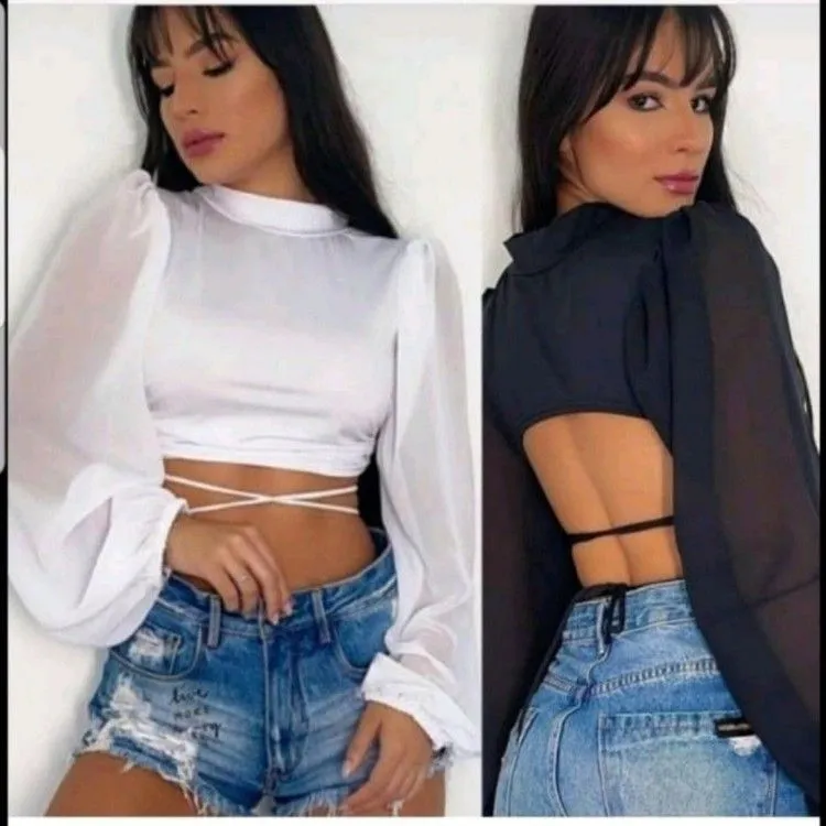 Cropped feminino, manga longa em tule cod - 571