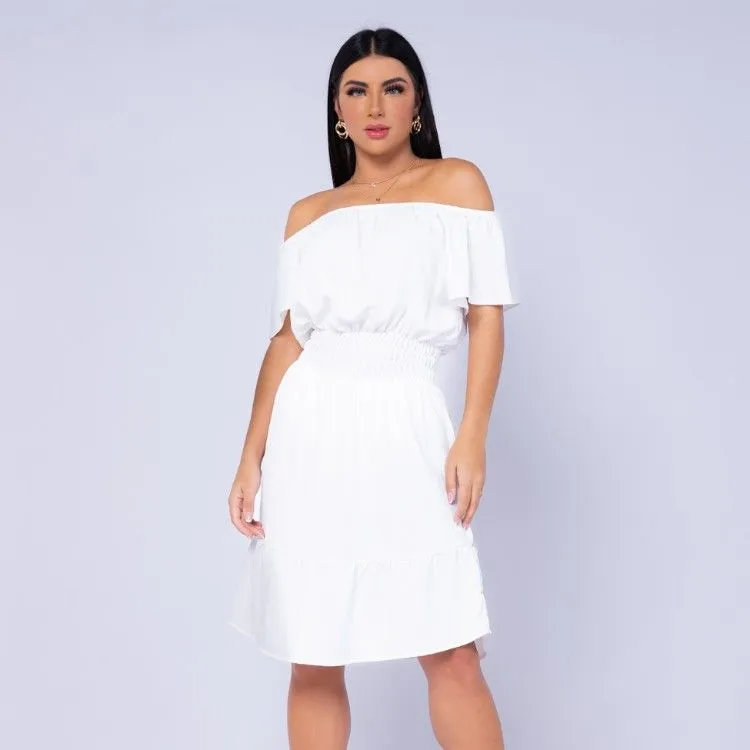 Vestido Curto de Ombro a Ombro Com Elastic na Cinturado