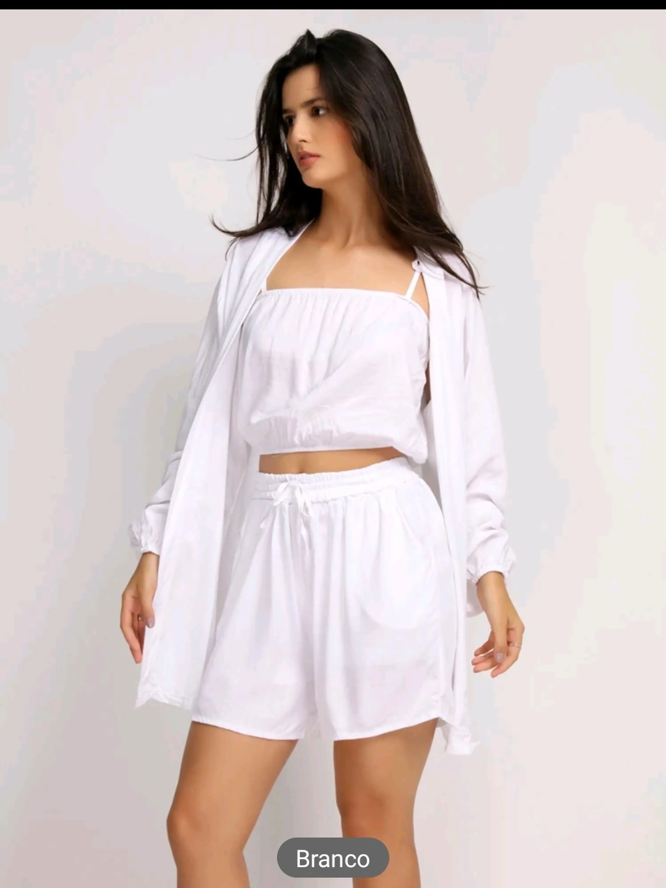 blusa feminino conjunto as 3 peca kimono+cropped+shorts liso viscolinho manga longo chic con-007