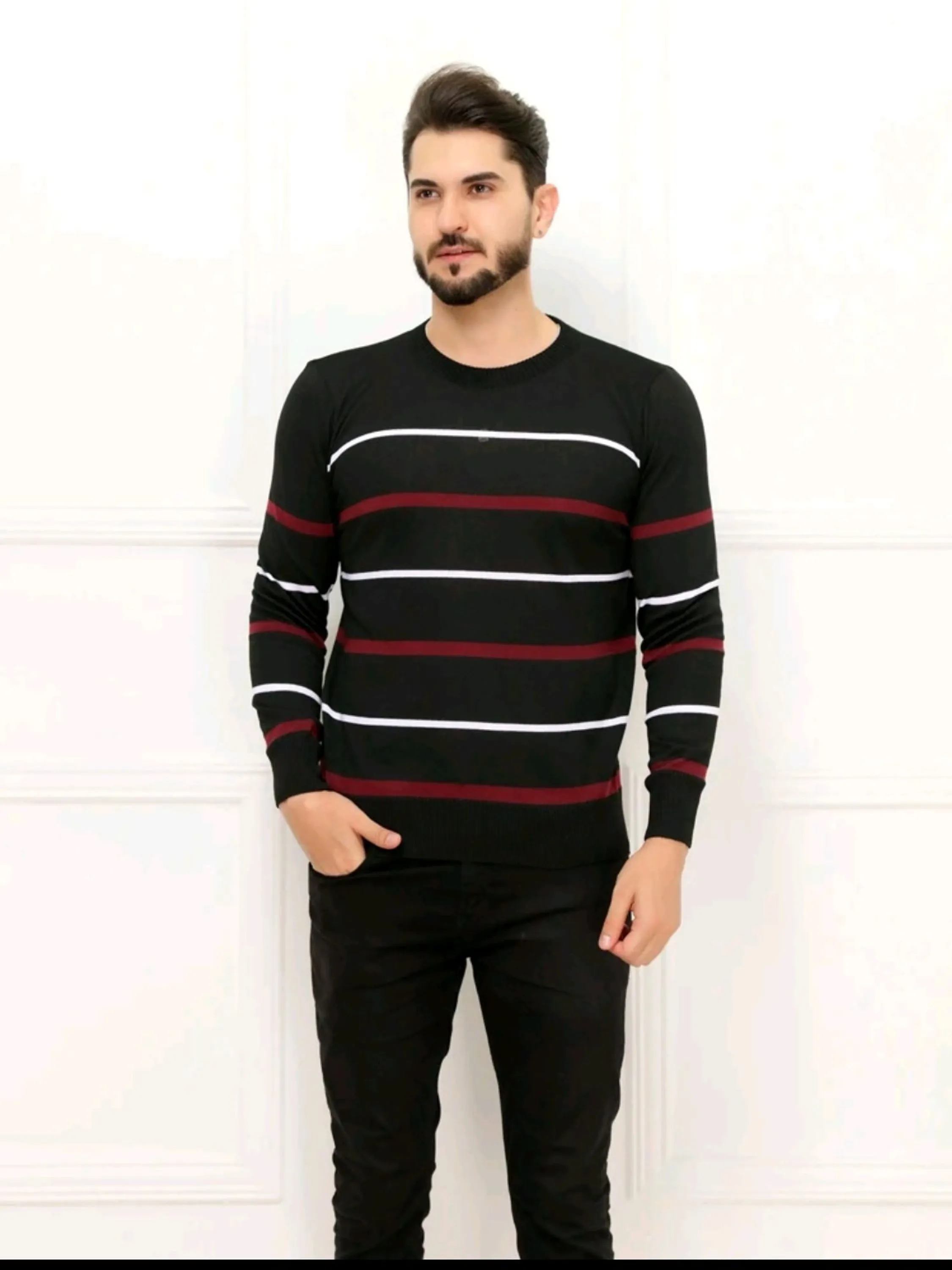 Blusa Masculino com manga longo  Suéter Tricot Listrado Masculino Tricô top 2023 M01