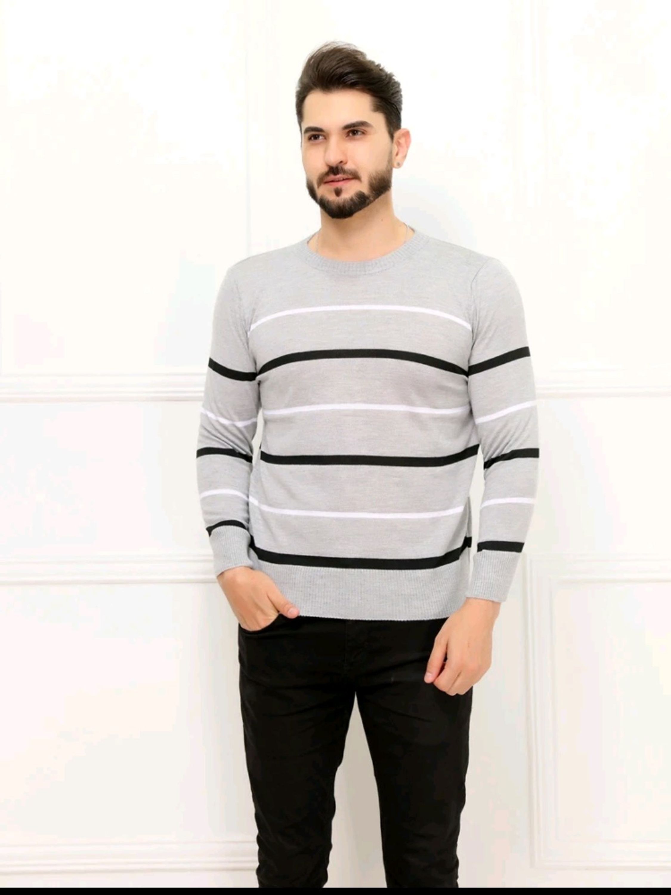 Blusa Masculino com manga longo Suéter Tricot Listrado Masculino Tricô top M01