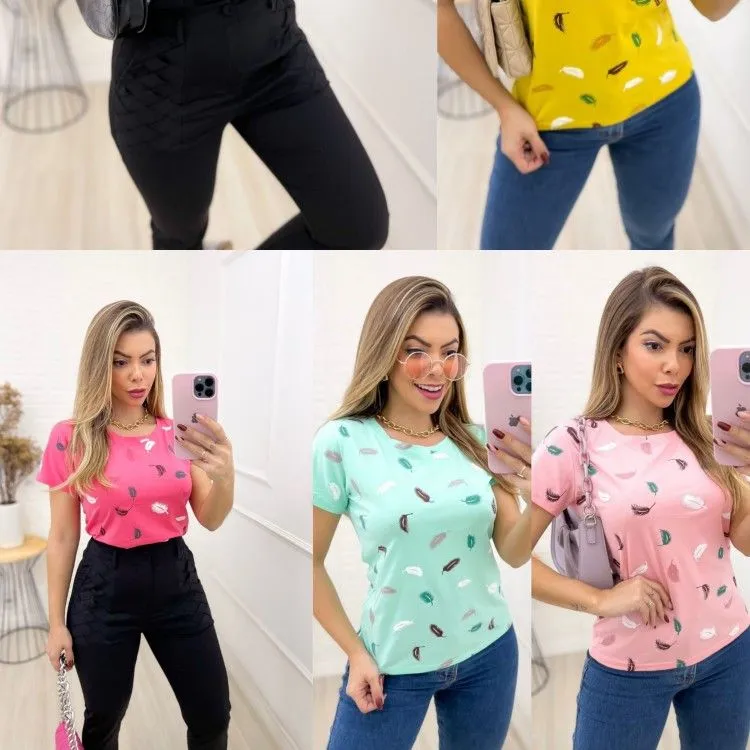 T-shirts Algodão Folhas alto relevo