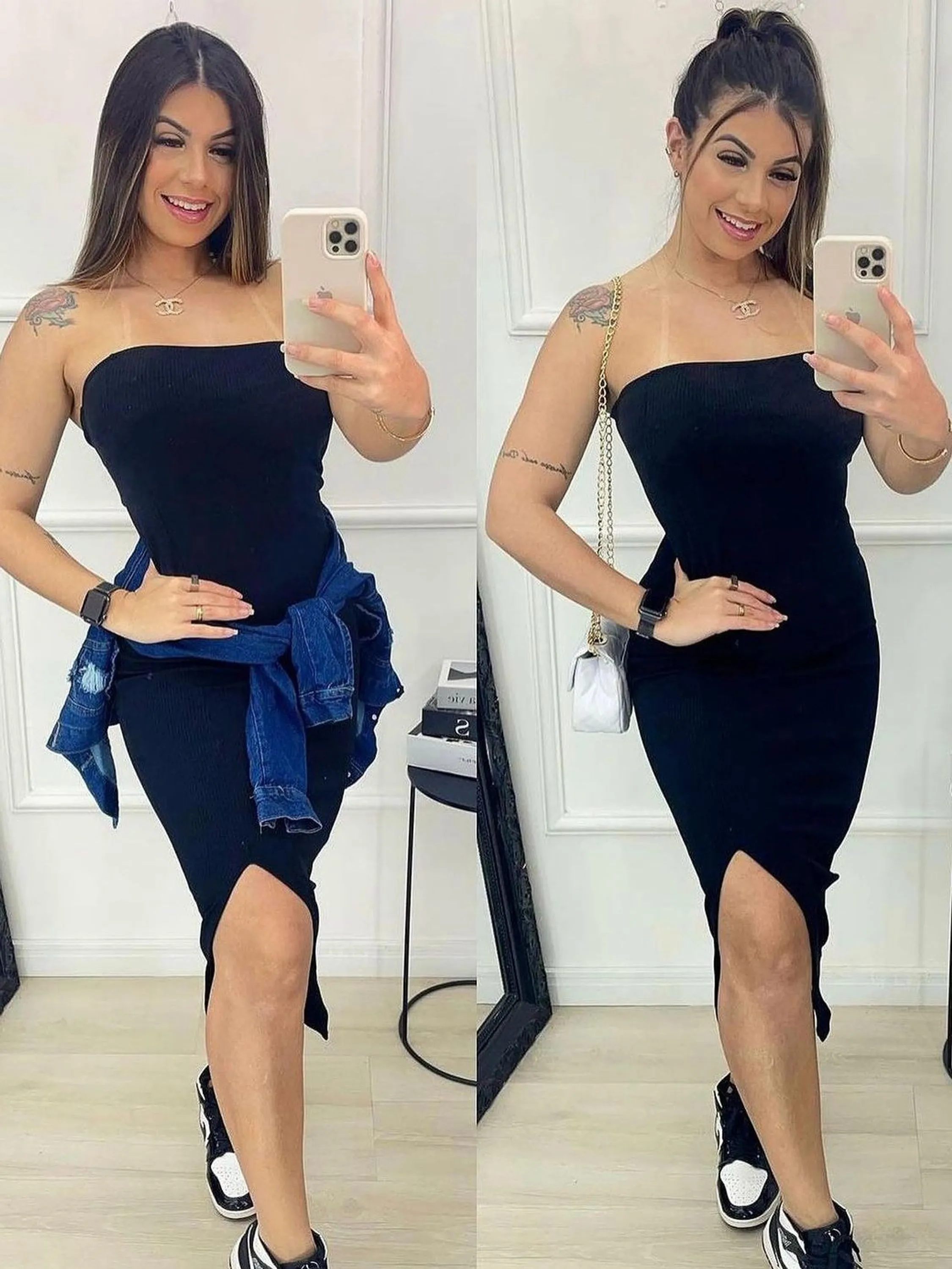 Vestido Midi Tomara Que Caia Com Bojo Tubinho Malha Anarruga Premium Com Fenda na Lateral