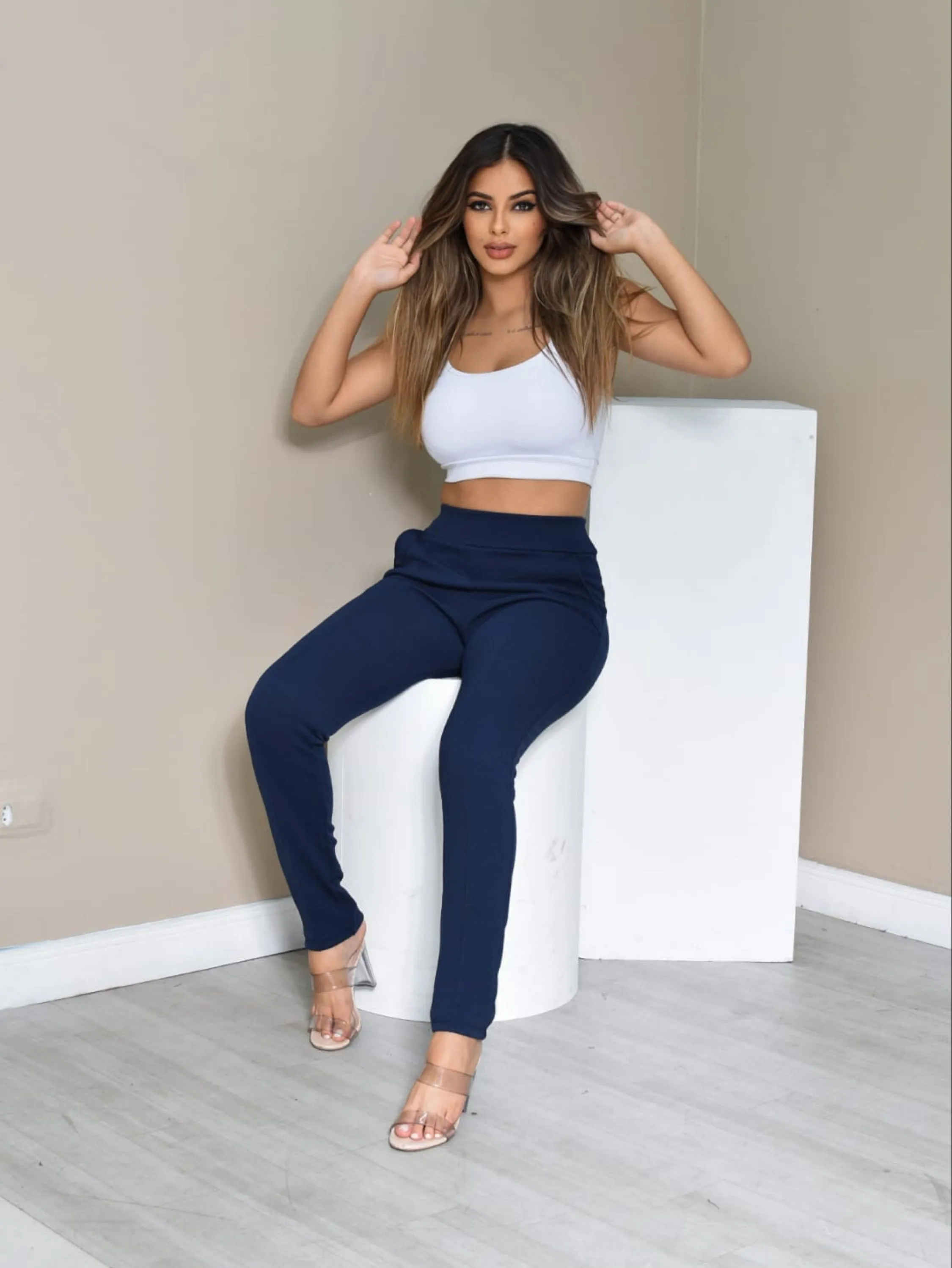 Calça Feminina Skinny Malha Crepe Cintura Alta Qualidade