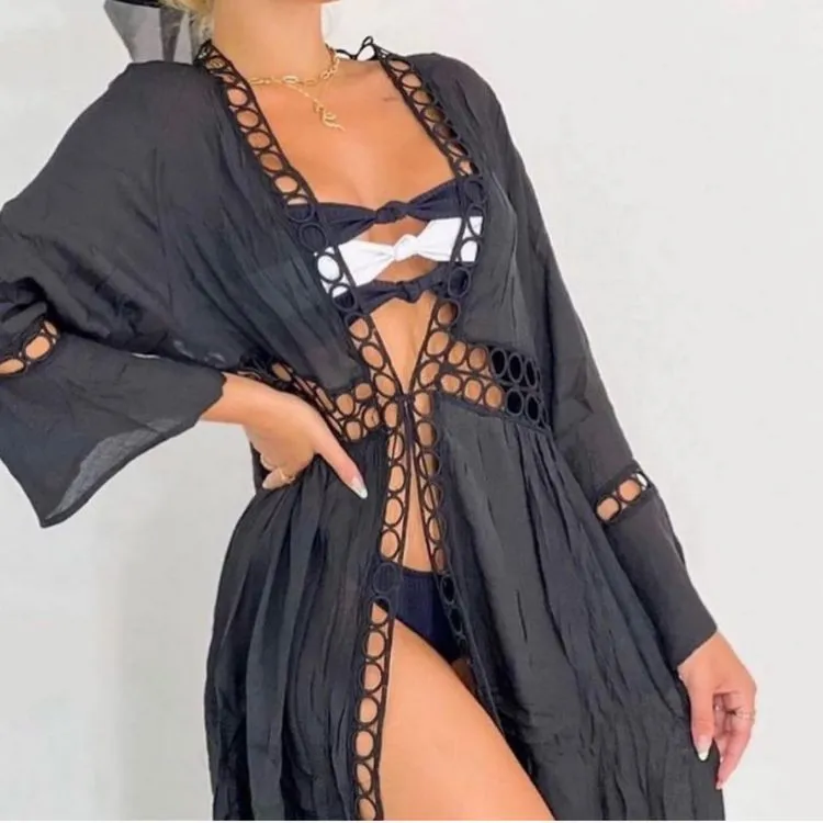 Saída De Praia Kimono Vestido Longa Acinturada Luxo Verão