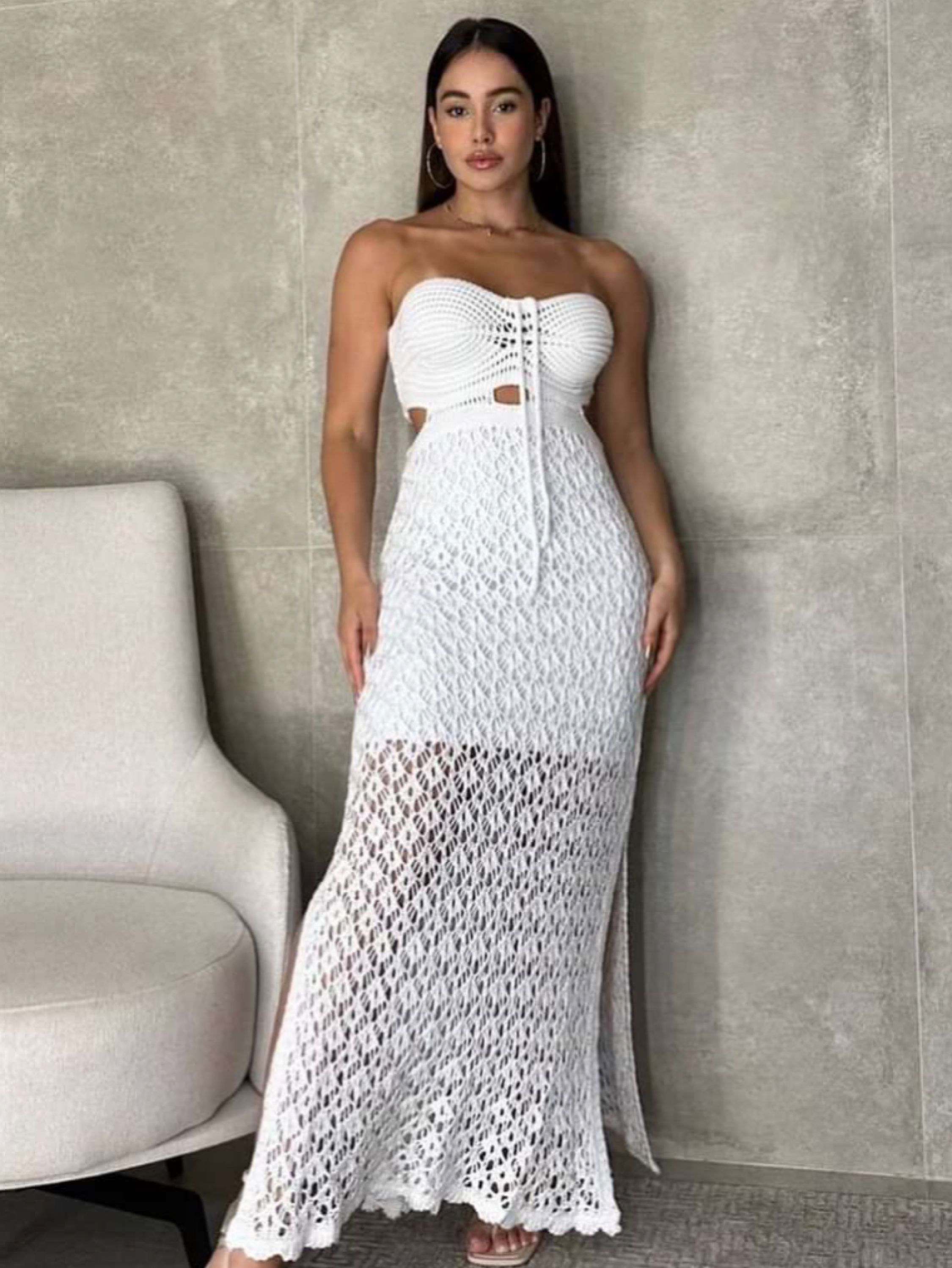 Vestido Longo Tricot Rendado De Amarrar e Tomara que Caia Moda Verão