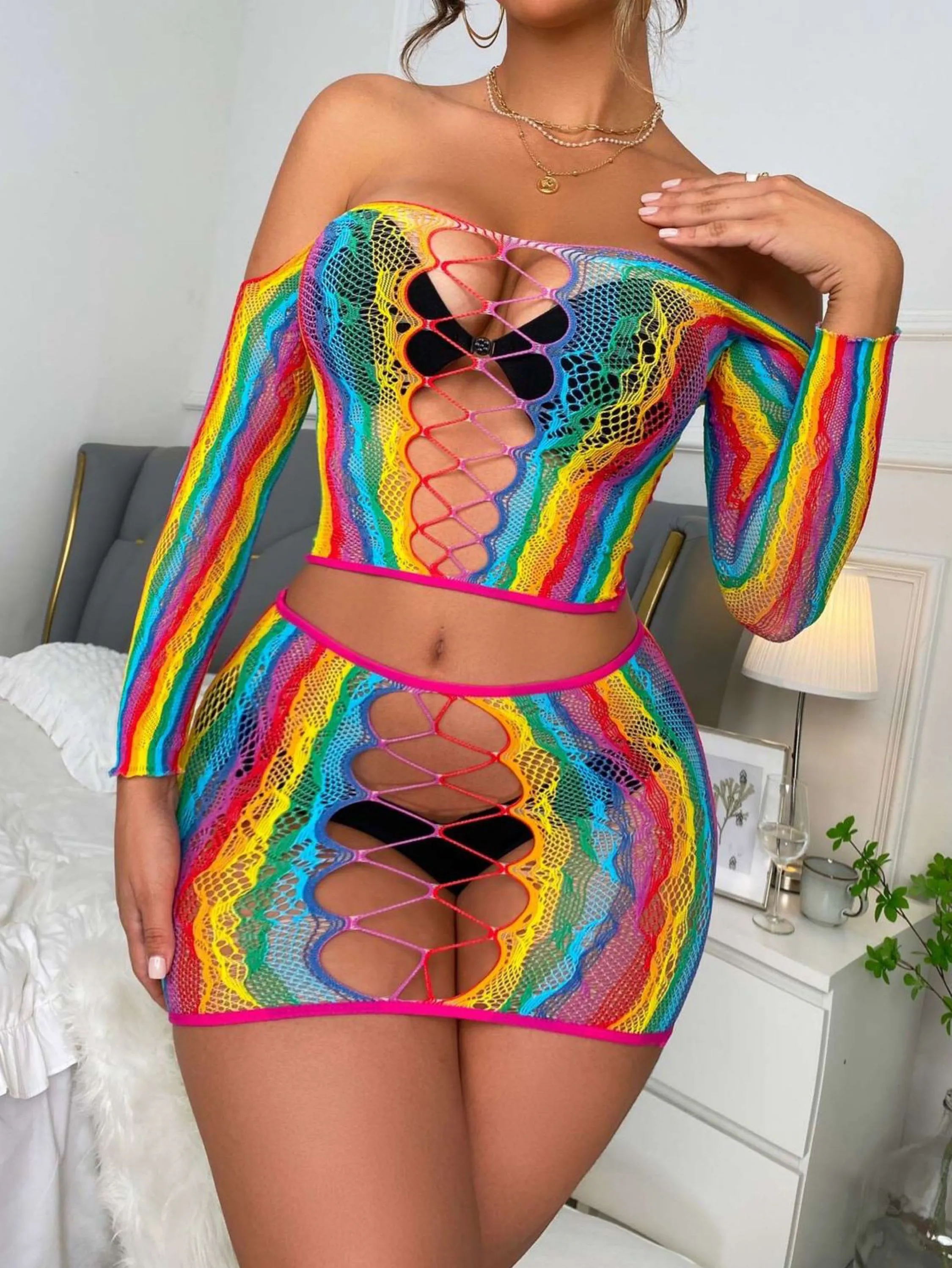 Conjunto Arrastão Saída de Praia Blusa Saia Multicolorido Arco-íris