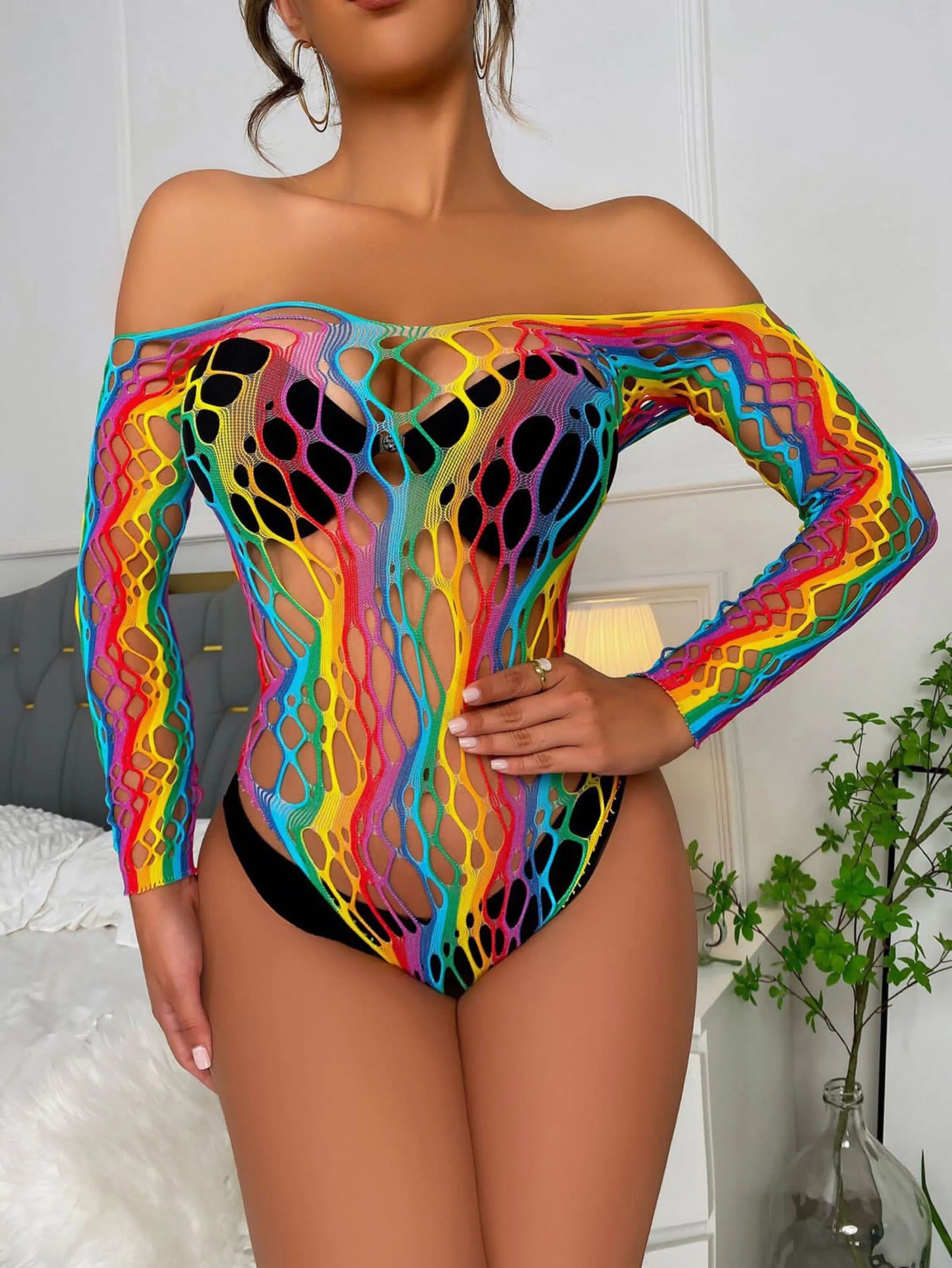 Body Arrastão Sexy Blusa Colorido Arco-íris