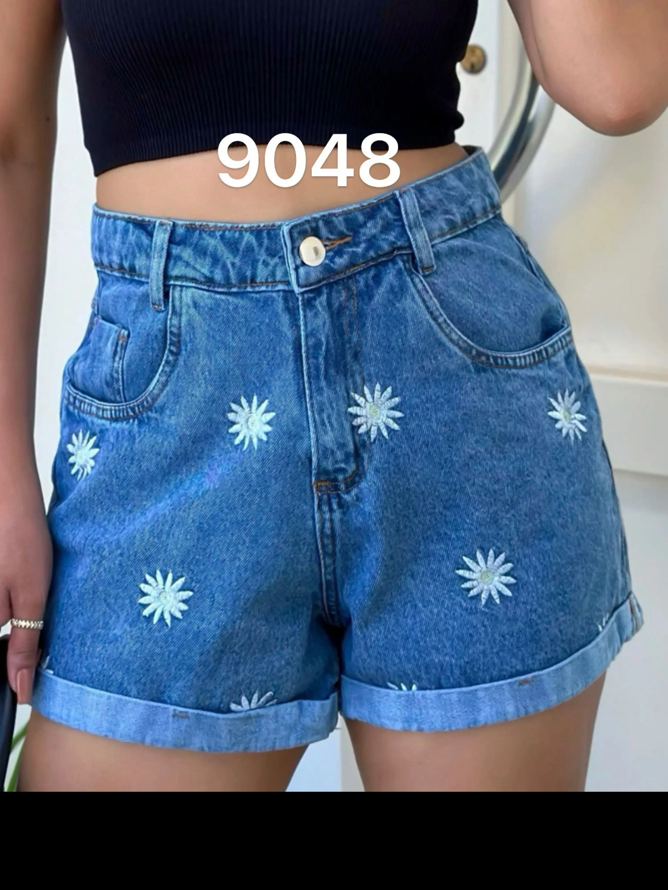 9048 short jeans feminina bordado com bolsa