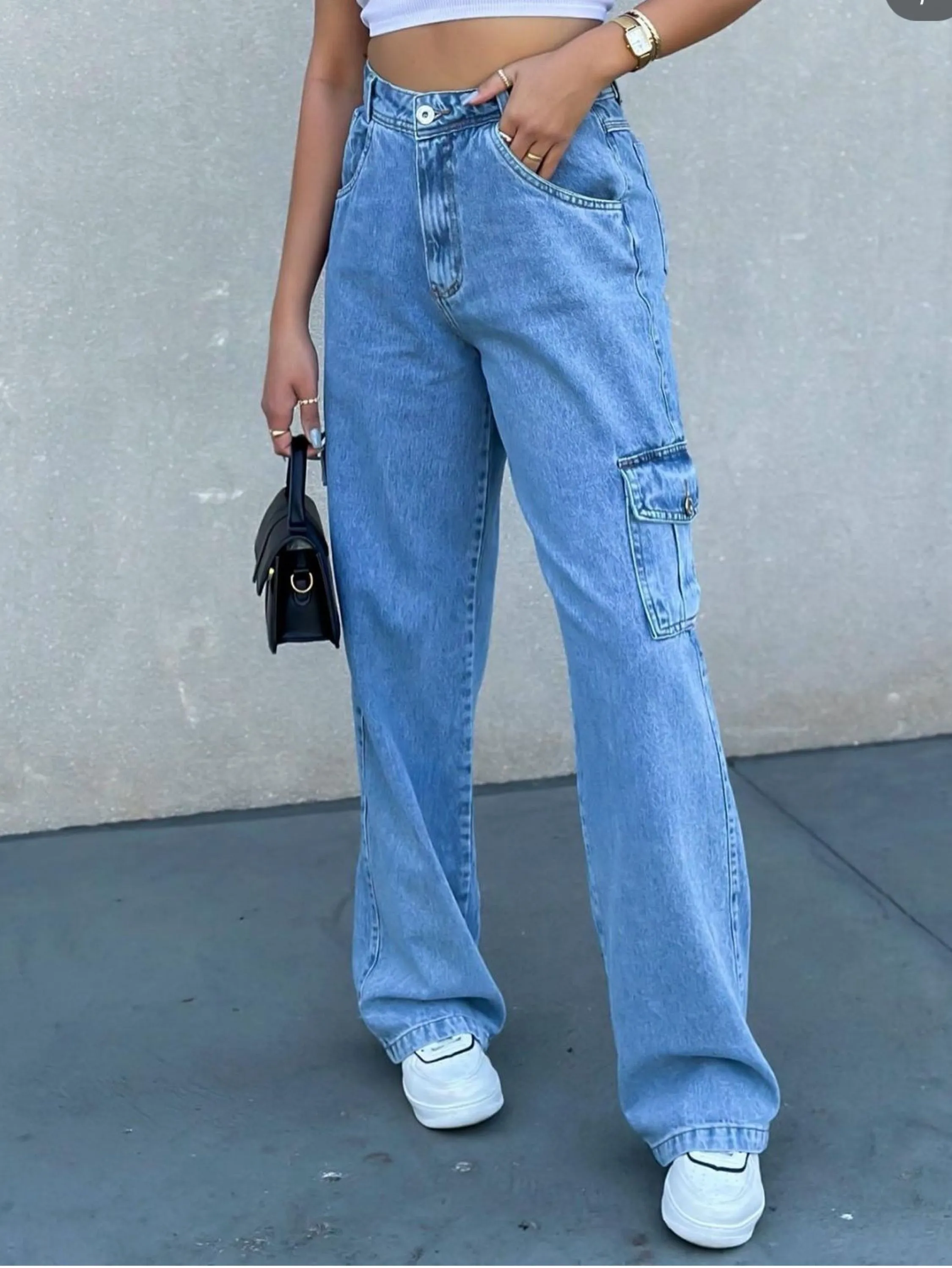8151 calça pantalona wide leg Feminina com bolsa sem rascada cintura alta tecido grosso