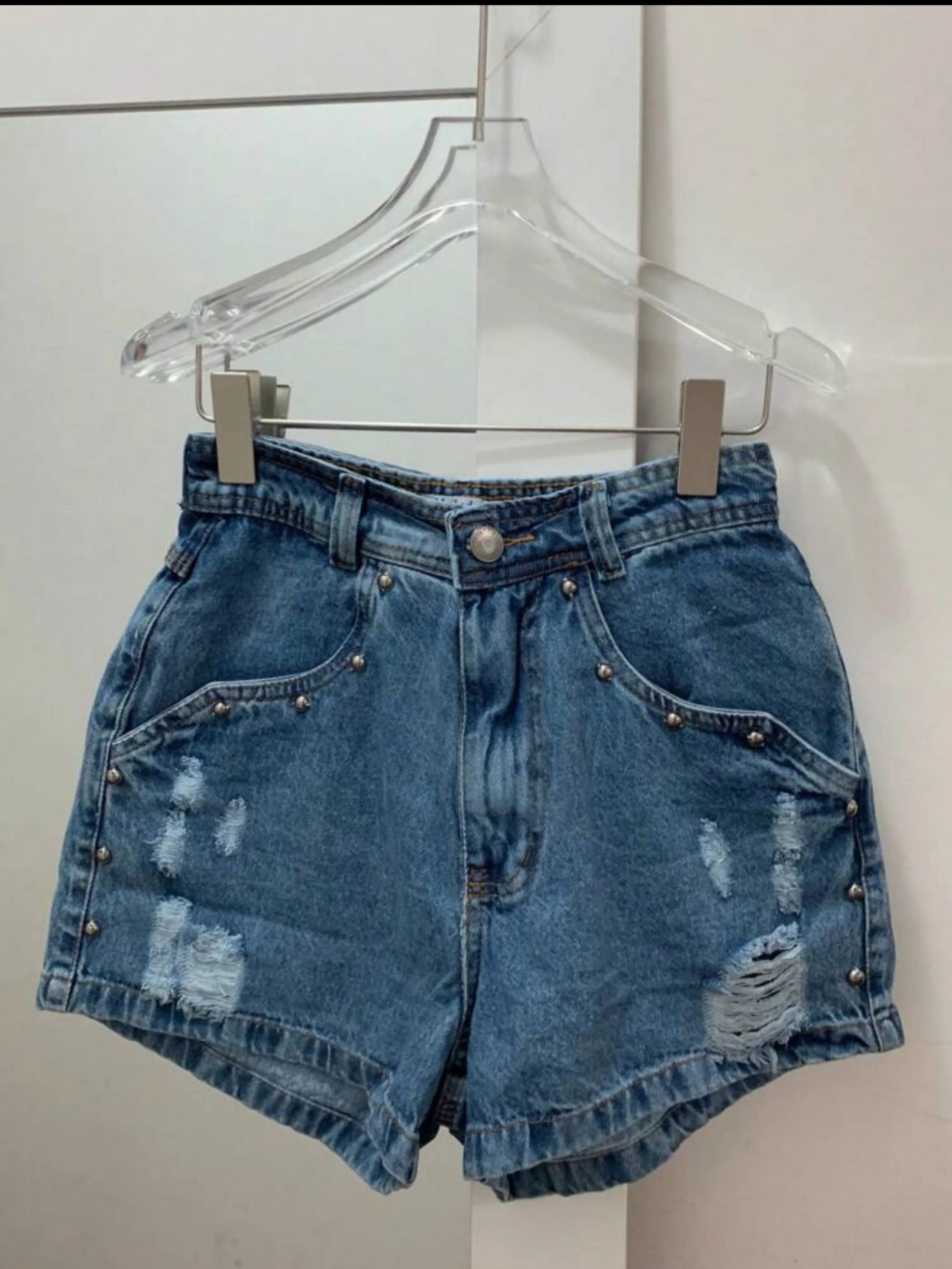 8220 short jeans com brilho com bolsa feminina