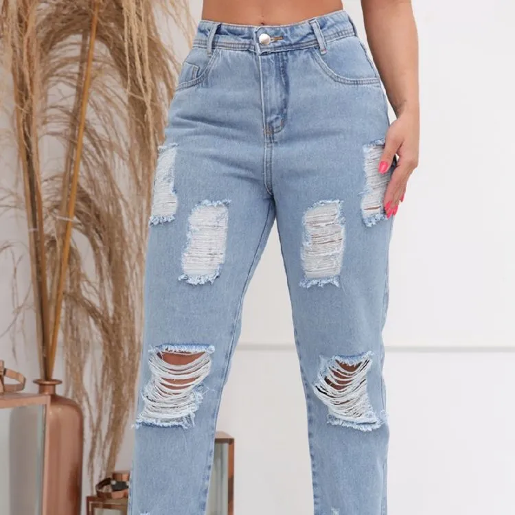 9030 calça jeans mom com bolsa com rascada