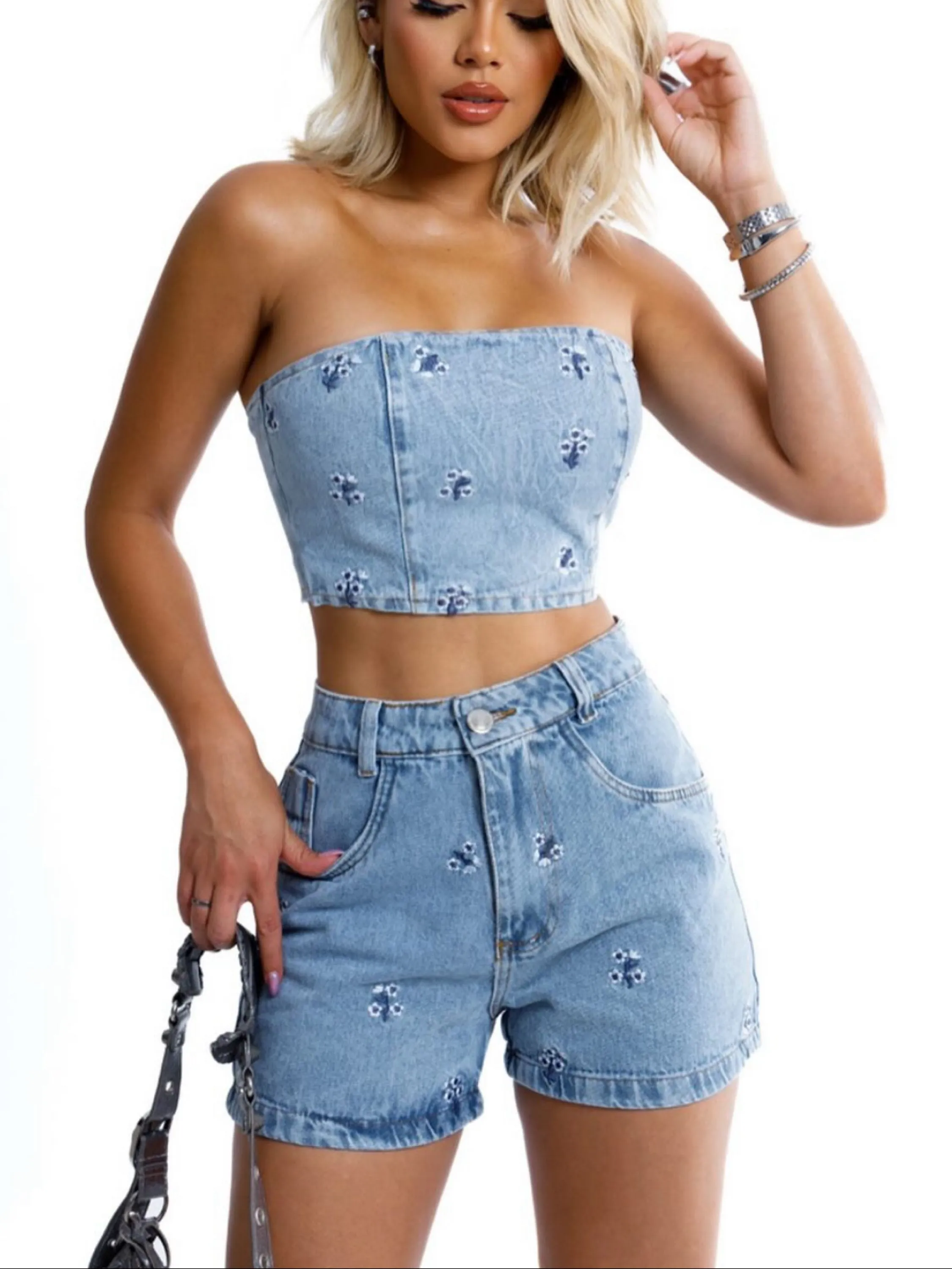 3015 conjunto jeans feminina cropped e short com bordado