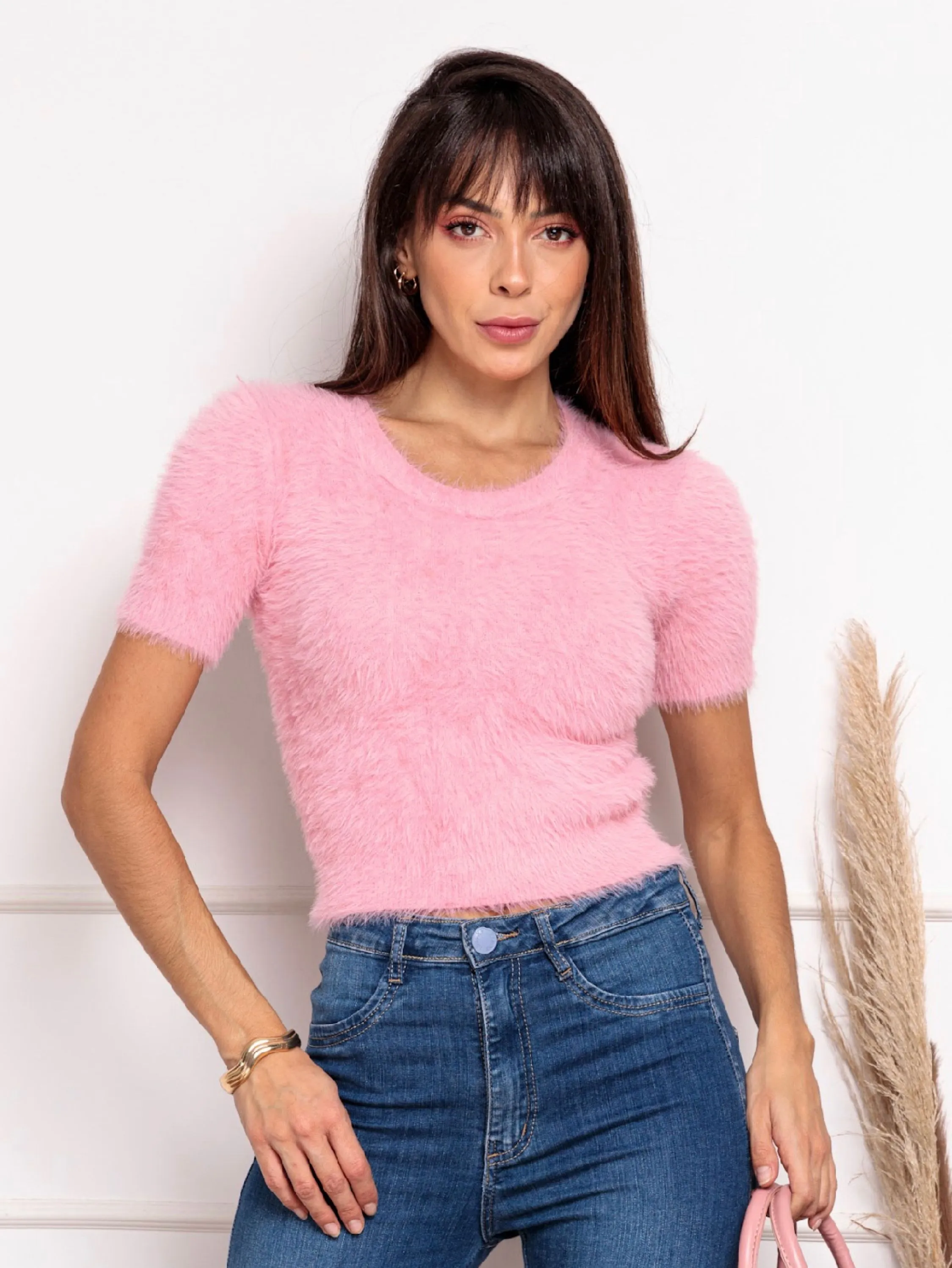 Cropped Blusa Feminina Pelúcia Pelinho manga curto Inverno jx108